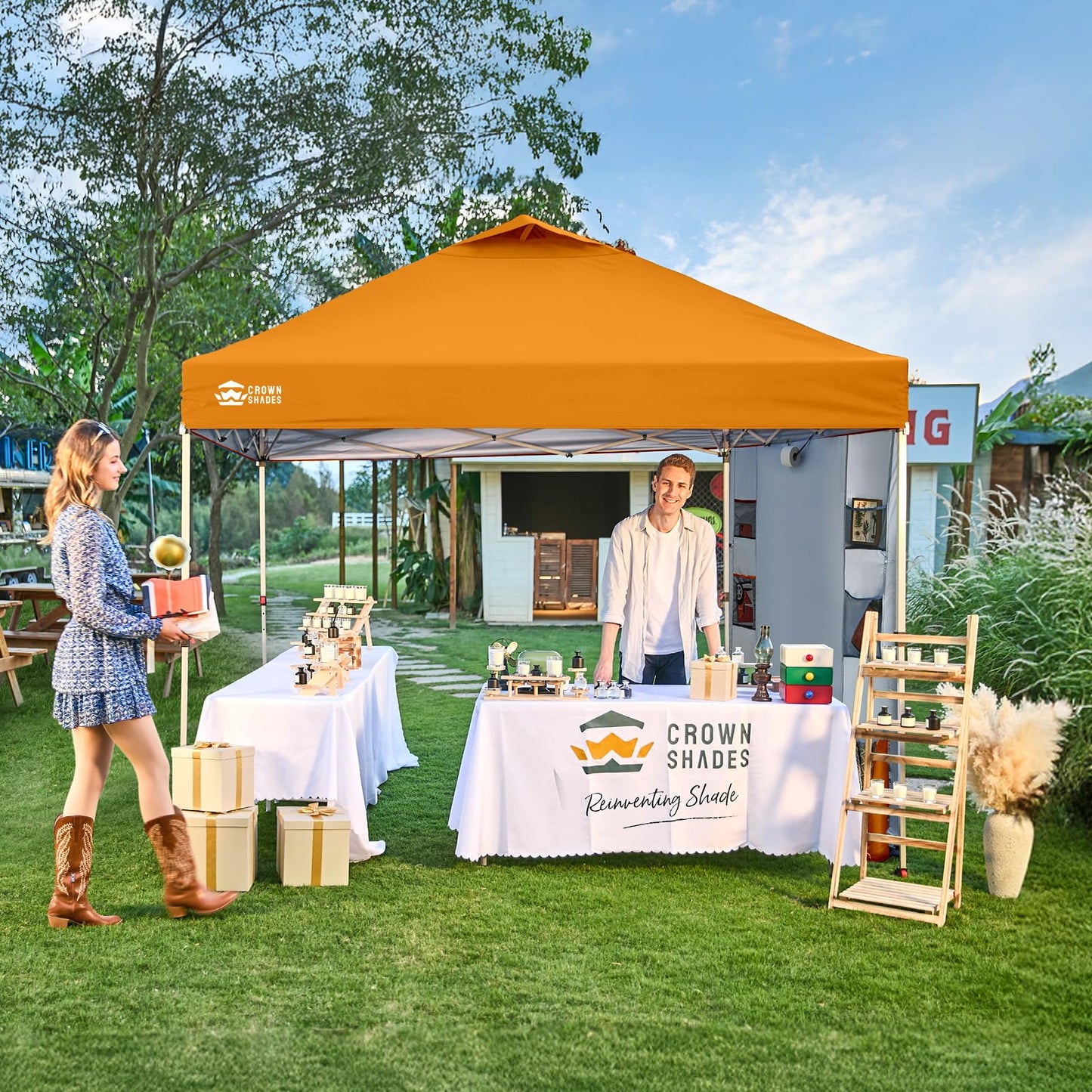 CROWN SHADES Canopy Tent, 10 x 10 Foot Portable Pop Up Outdoor Shelter with Pocket Sidewall, Push Center Lock, UV Protection, and Carry Bag, Orange