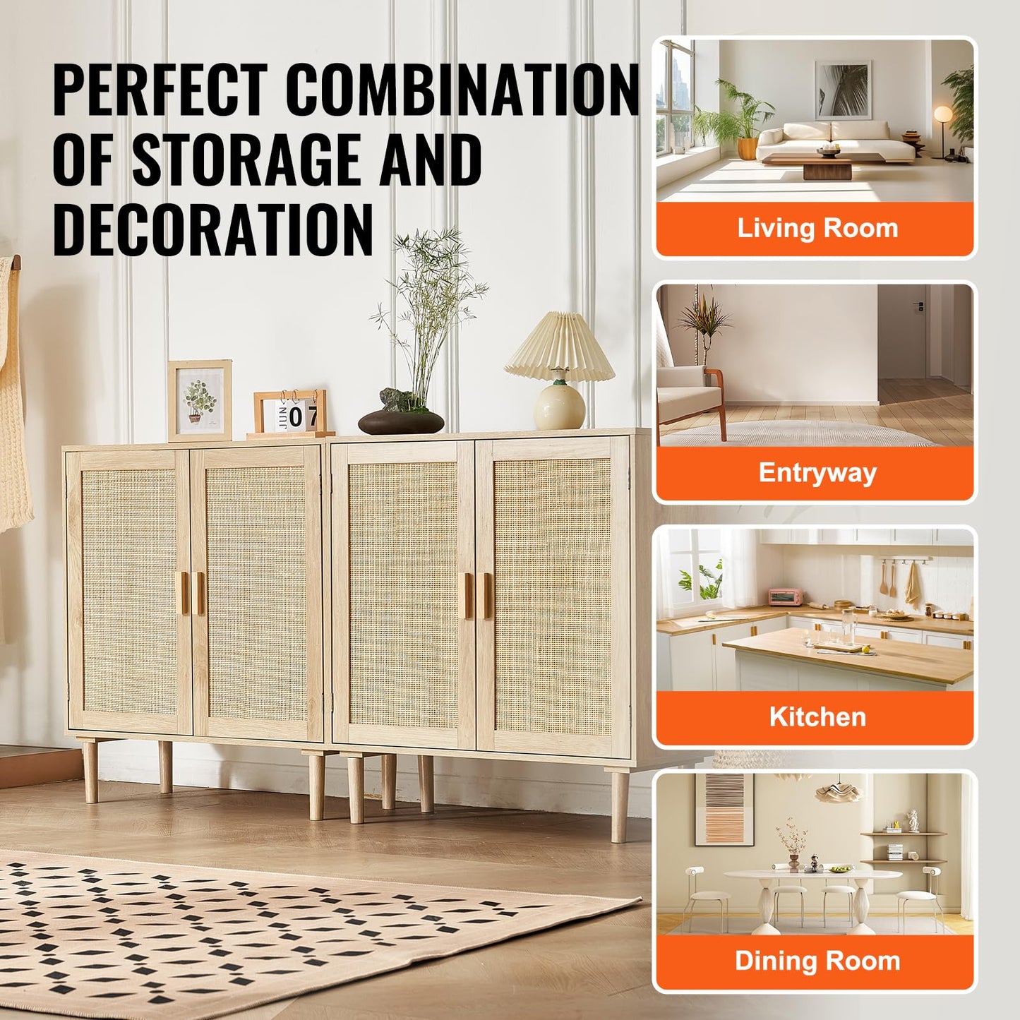 VEVOR Rattan Buffet Cabinet with Storage, 4 Magnetic Doors and Adjustable Shelves, Sideboard for Hallway, Living Room, Kitchen, Natural