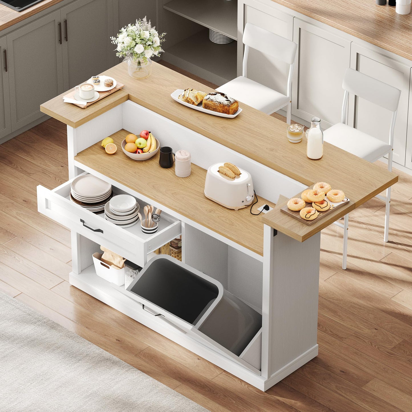 Homiflex Kitchen Island with Storage, Rolling Kitchen Islands with Storage, 55" W Large Island Table, Breakfast Bar Counter with Drop Leaf, Trash Can Cabinet, Power Outlet for Dining Room, White