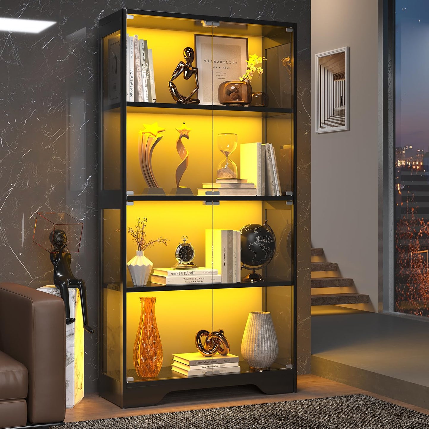 knoworld Display Cabinet with Glass Doors, 63" Tall Curio Cabinet with Human Sensor RGB LED Lights, 4-Tier Glass Display Case with 15mm Thick Shelves for Action Figures, Collectibles, Books - Black