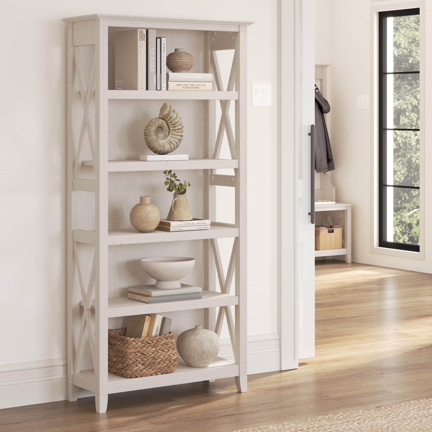 Bush Home Tall 5 Shelf Bookcase for Living Room or Home Office, Large Bookshelf, Modern Farmhouse Style, Key West Collection, Linen White Oak