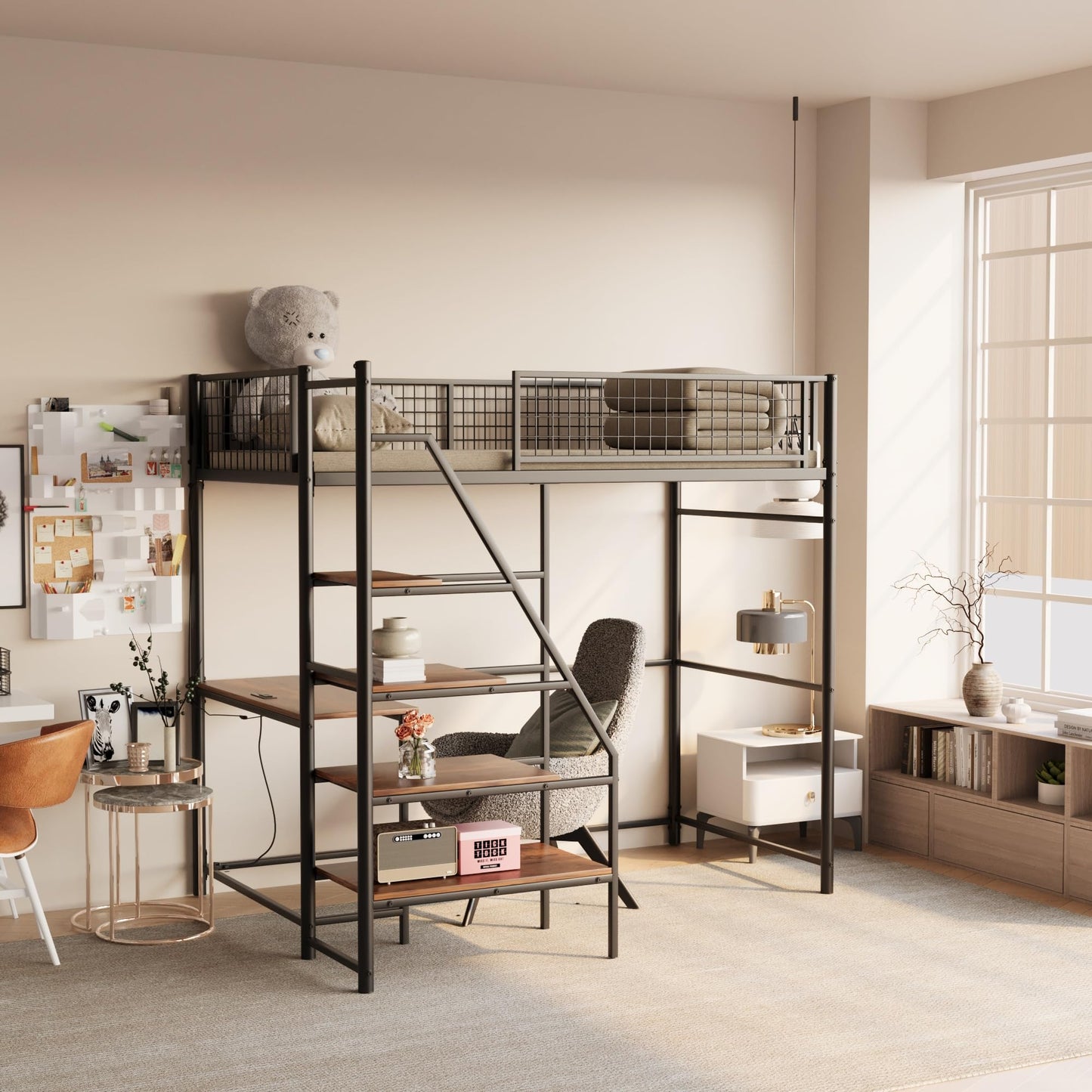 Zylena Twin Size Metal Loft Bed with Stairs, Black