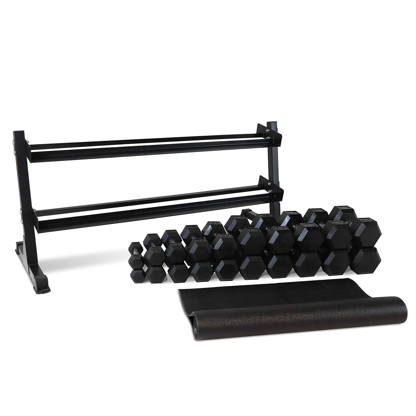 WF Athletic Supply Rubber Coated Hex Dumbbell Set, Multiple Choices Available - Dumbbells with Rack Stand and Mat, or Dumbbells Only (200/550/1200/2100/3000 LB)