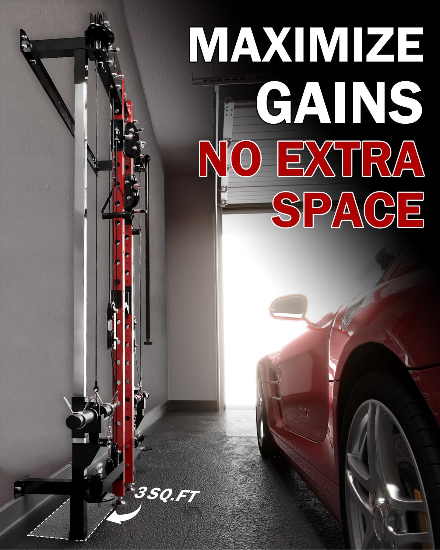Mikolo Folding Squat Rack, Wall Mounted Power Rack with Cable Crossover Machine & LAT Pull Down, Functional Trainer with 5 Adjustable Function Modes, for Home Gym and Space Saving(Red)