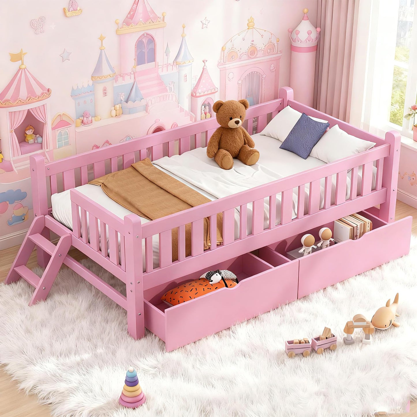 Bellemave Twin Size Kids Montessori Bed with Stairs,Solid Wood Twin Size Kids Bed Frame with Storage Drawers for Girls Boys,Low-Profile,Pink