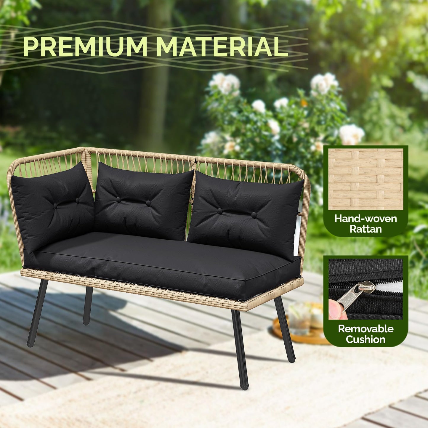 YITAHOME L-Shaped Patio Furniture Set, All-Weather Rattan Outdoor Conversation Sofa with Soft Cushions, Ottomans & Plastic Wood Dining Table for Backyard Deck, Light Brown + Black