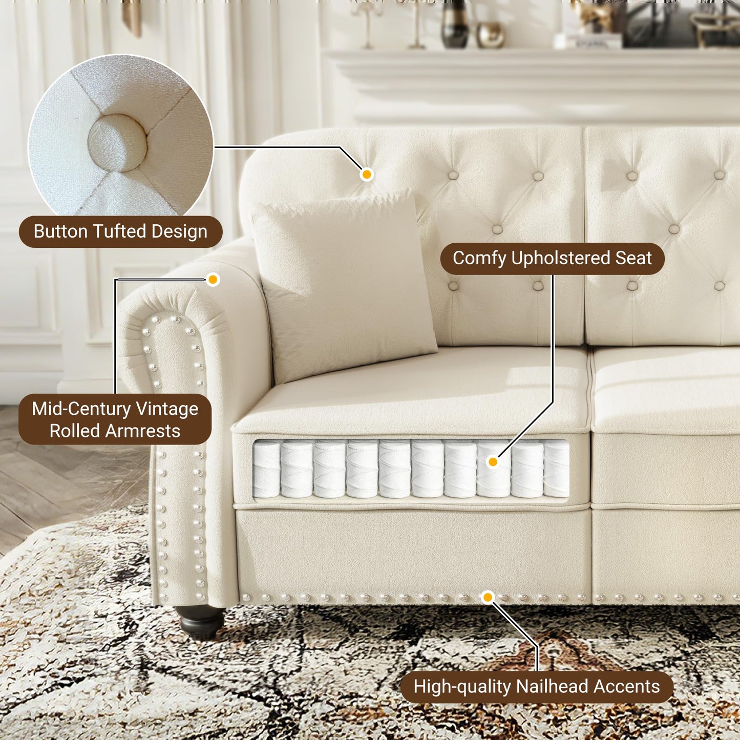 KEIKI 3-Piece Chesterfield Sofa Set with 1 Velvet 3-Seater Sofa & 1 Loveseat & 1 Single Sofa, 6-Seater Couch Set with Nailhead Trim & Rolled Arms & 1 Ottoman & 6 Pillow, for Living Room, White