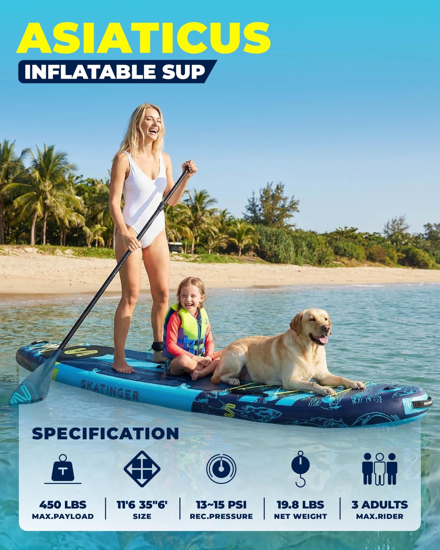 Skatinger 11'6×35" Super Wide Inflatable Paddle Board, Ultra Stable Stand Up Paddleboards for 450lb/3 People/Family/Big Size, Shoulder Strap, Camera Base, 100L Backpack, All-Round Sup Board, US Fin