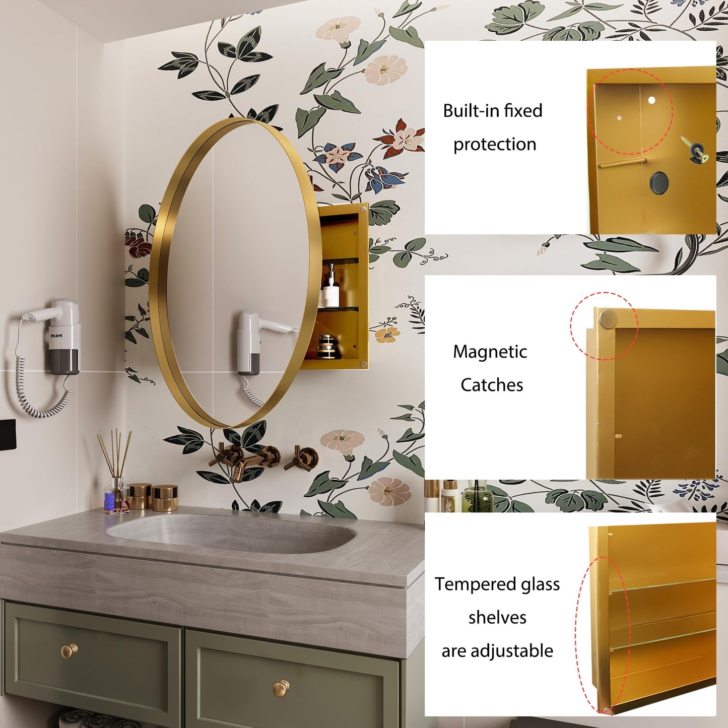 ApilithHive 31.5 Inch Round Gold Metal Framed Medicine Cabinet with Mirror, Adjustable Tempered Glass Shelves, Surface Mount, Modern Bathroom Wall Storage