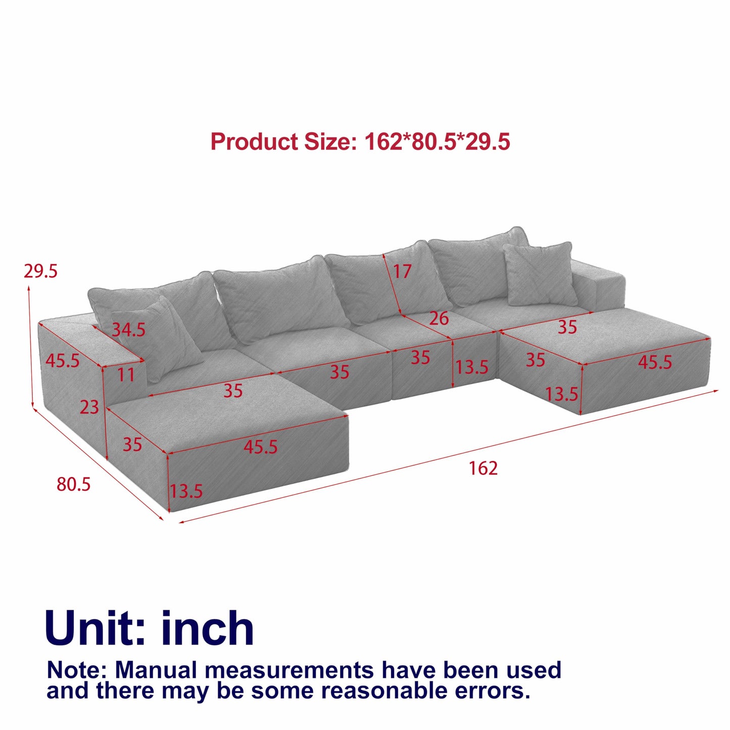 KEIKI Upholstered Sectional Sofa Set, 162" L Shaped Sponge Cloud Sofa, Sectional Couch with 6 Pillows, Chenille Sectional Couches for Living Room, Beige