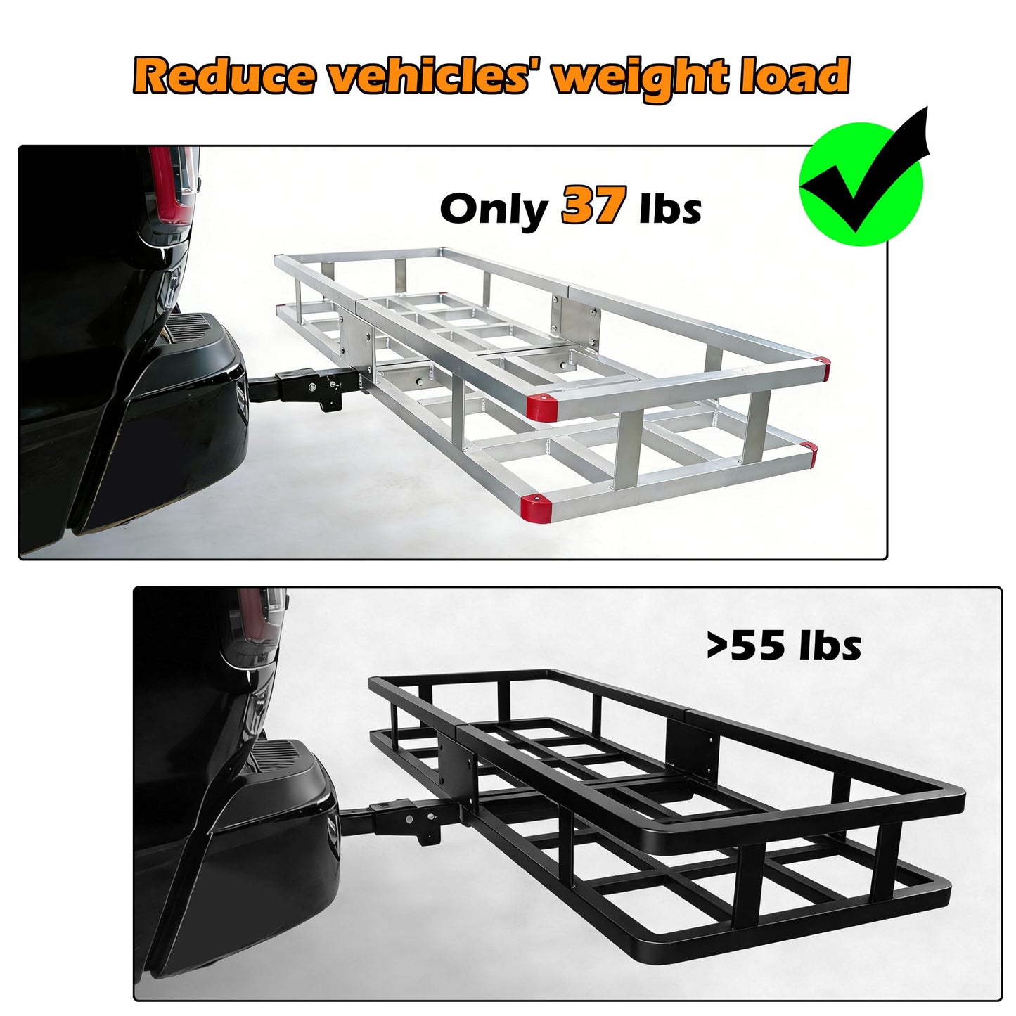 60 x 20 x7 Aluminum Cargo Carrier Hitch Mount - 500lb Heavy Duty Folding Luggage Rack - Powder Coated 2" Angled Shank for Ground Clearance - Rustproof Vehicle Cargo Basket for SUV & Truck Storage