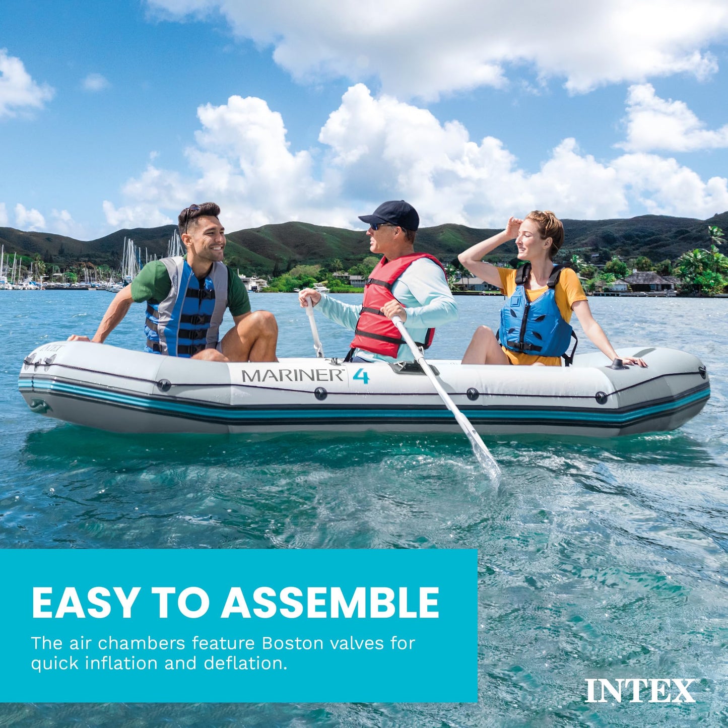 INTEX 68376EP Mariner 4 Inflatable Boat Set: Includes Deluxe 54in Boat Oars and High-Output Pump – Wear-Resistant Keel – Removable Fishing Rod Holders – 4-Person – 1100lb Weight Capacity