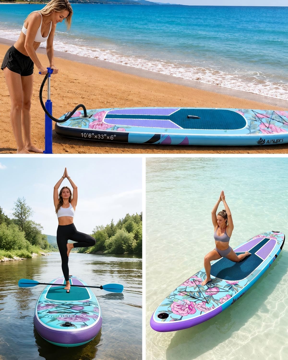 AISUNSS 10.6’ Inflatable Stand Up Paddle Board, 33’’ Wide Stance Paddle Boards with Premium Paddleboard Accessories, Double Action Pump, Removable Fin for Youth & Adults (Flowers Blue)