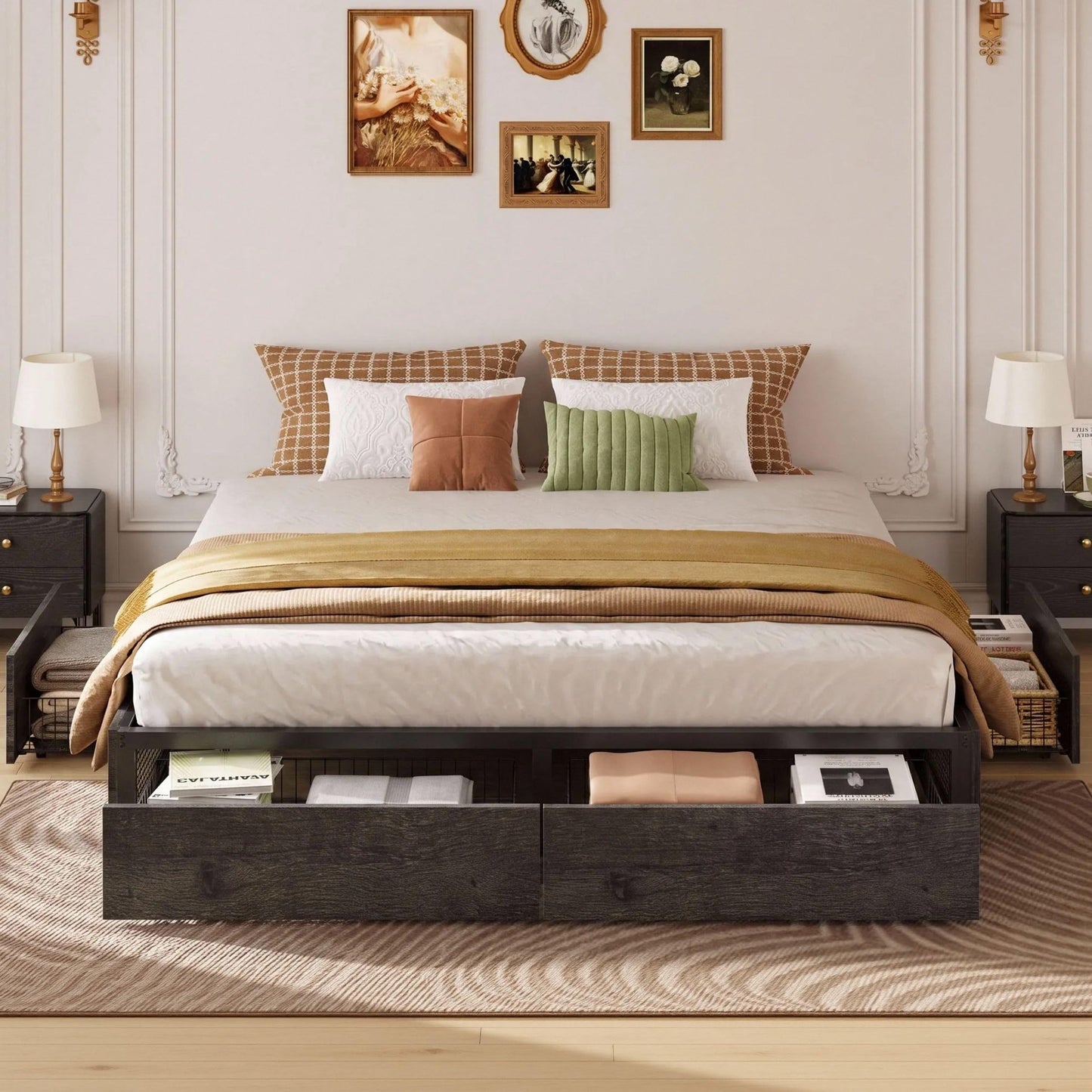 LIKIMIO King Bed Frame with Storage, 4 Drawers and Heavy Strong Metal Support Frames, Solid Stable, Noise-Free, No Box Spring Needed, Easy Assembly, Charcoal Grey