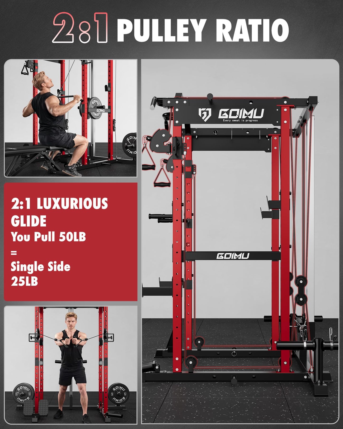 GOIMU RH01 Power Cage Rack, 2000LBS Squat Rack with with Cable Crossover System&LAT Pull Down System, Multi-Function Workout Cage for Home&Garage Gym (Red, RH01 Power Cage)