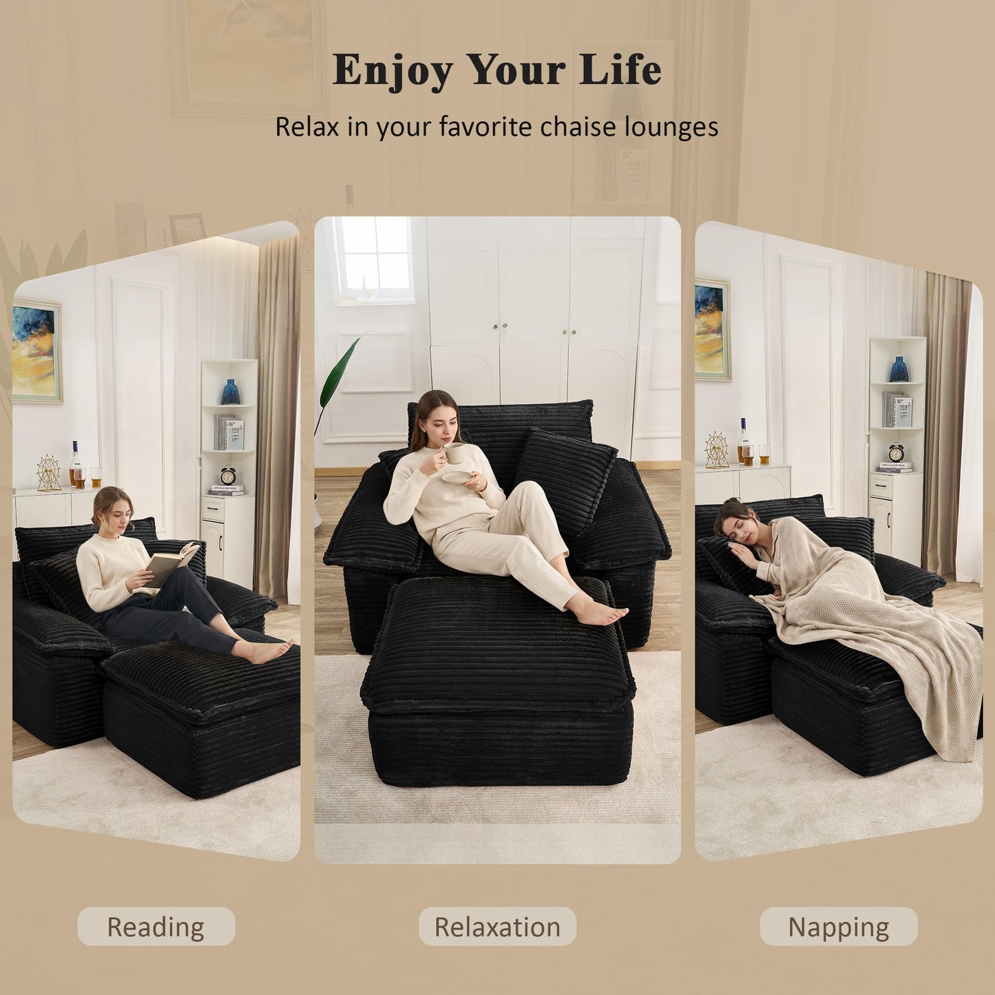 KEIKI 63" Oversized Modular Sofa Chair Bed with Ottoman, Deep Seat Cloud Couch Sleeper, Convertible 1-Seater Sectional Sofa, No Assembly Corduroy Couch for Flexible Living Spaces