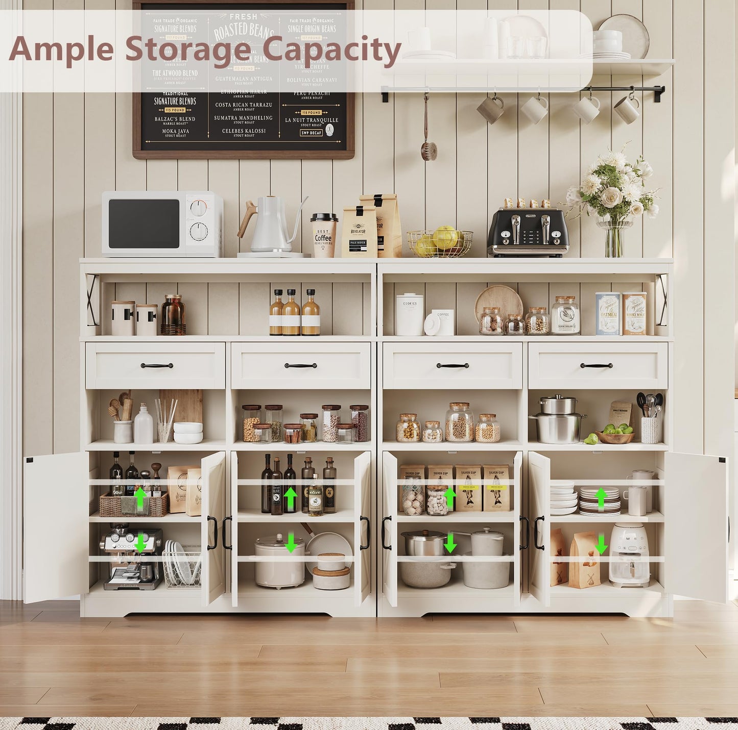 kepptory Farmhouse Kitchen Coffee Bar Cabinet with 4 Barn Doors, Kitchen Sideboard Buffet Cabinet with Drawers, 47" Pantry with Adjustable Shelves for Kitchen and Dining Room(White)