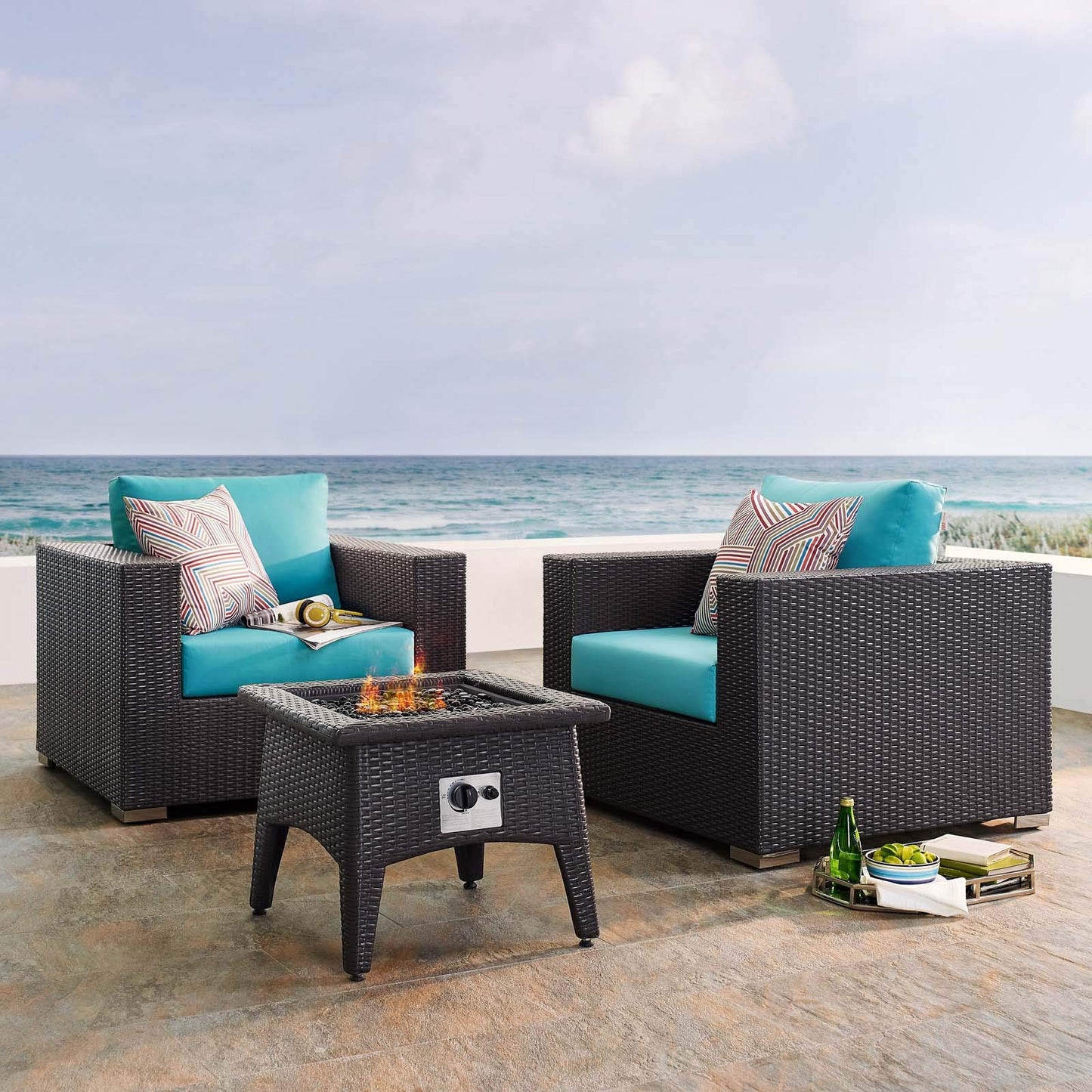 Modway EEI-3727-EXP-TRQ-SET Convene 3 Piece Set Outdoor Patio with Fire Pit, Espresso Turquois