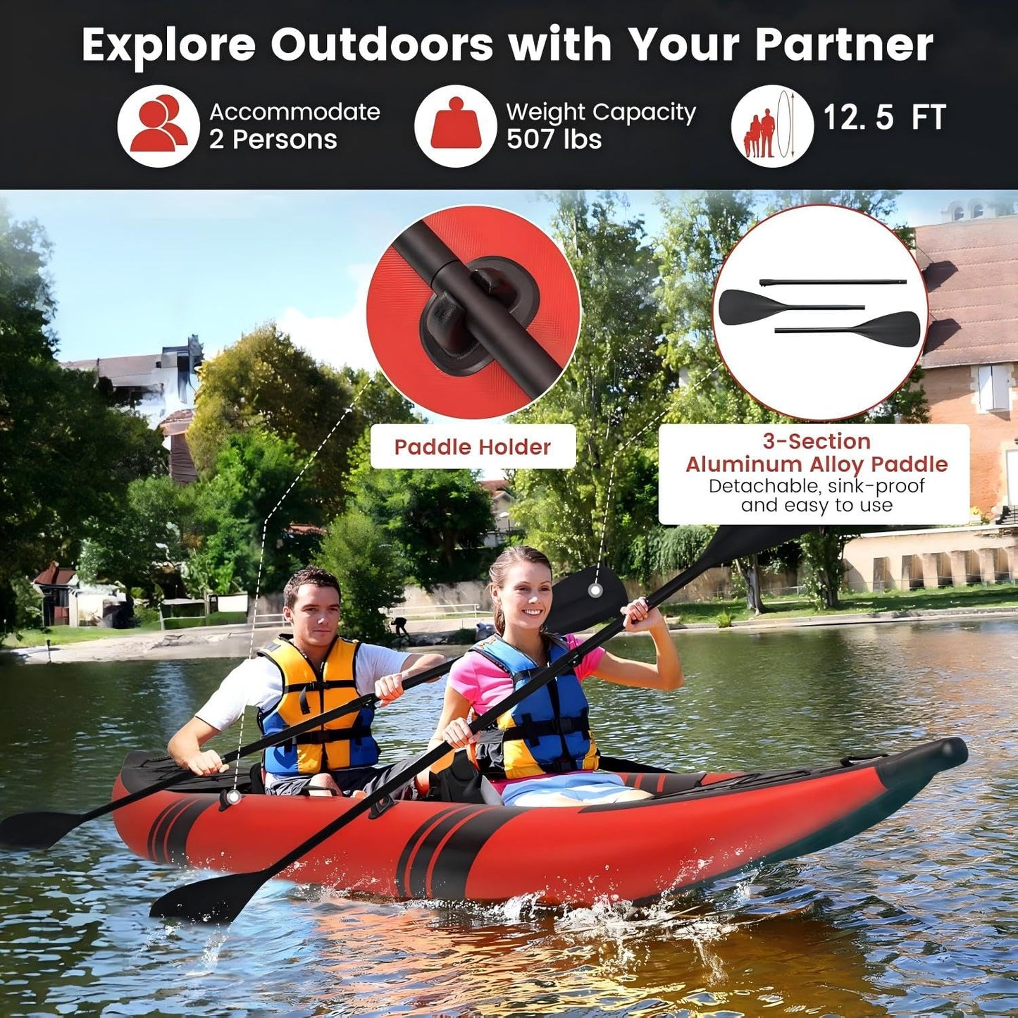 GYMAX Inflatable Kayak, 12.5Ft 507lbs Tandem Kayak with 2 Aluminum Paddles, 2 Padded Seats, Footrests, 2 Fins, Hand Pump, Carry Bag & Repair Kit, 2 Person Fishing Touring Kayak for Adults Youth (Red)