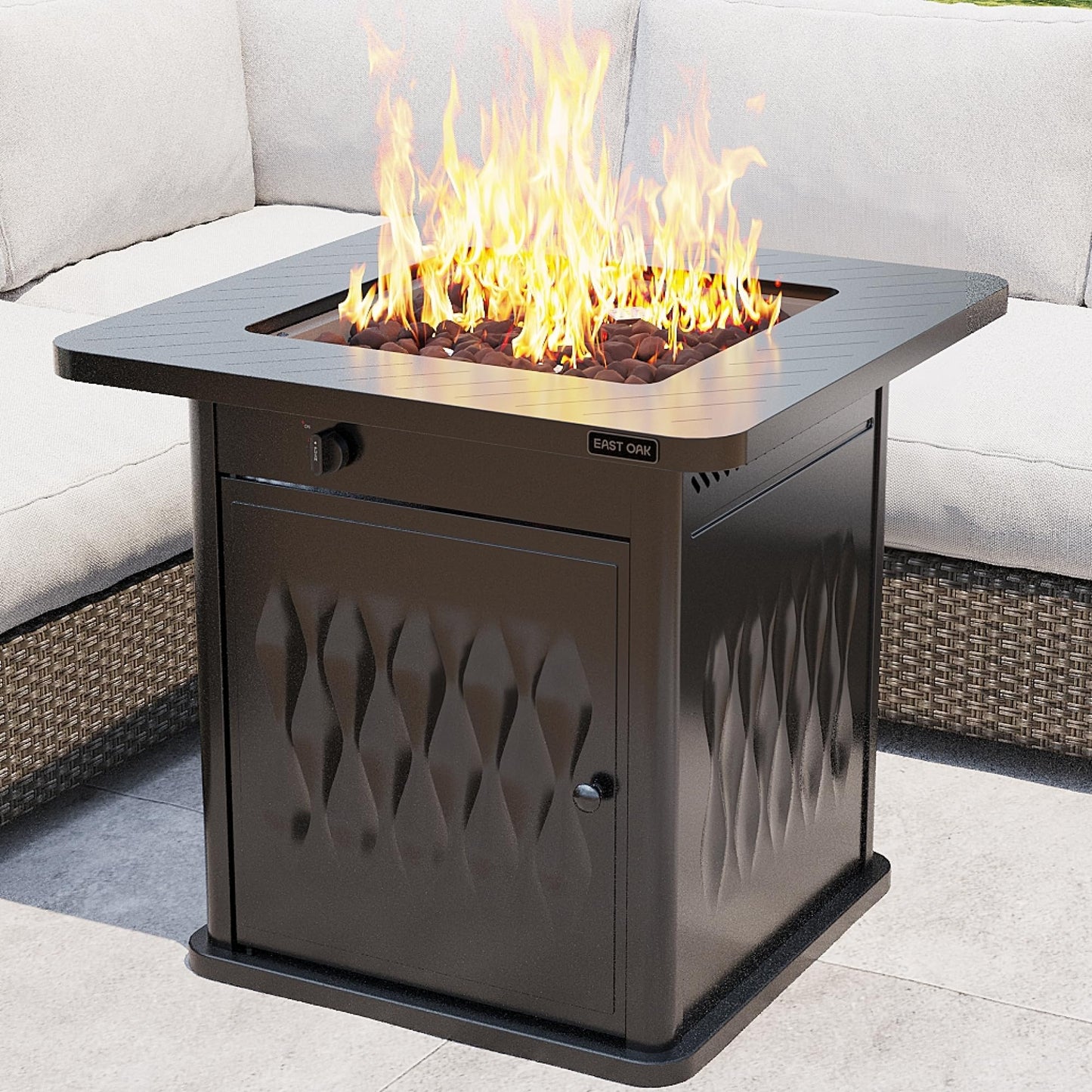 EAST OAK 28'' Steel Propane Fire Pit Table, 50,000 BTU CSA Certified Fire Table with Magnetic Lid, Steel Gas FirePit for Outdoor and Garden, Cover-Storage Basket and Lava Rock , Chocolate Coffee
