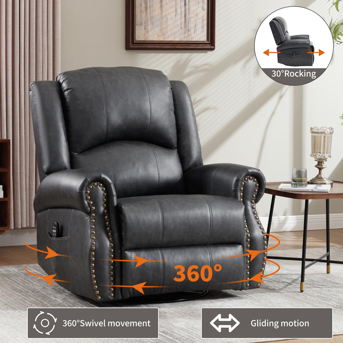 KEIKI Faux Leather Heat Massage Manual Recliner Chair with Square Arms and Cushion Back, for Elderly, Modern Style Oversized Swivel Reclining Sofa Chairs, Easy Assembly, for Living Room, Grey