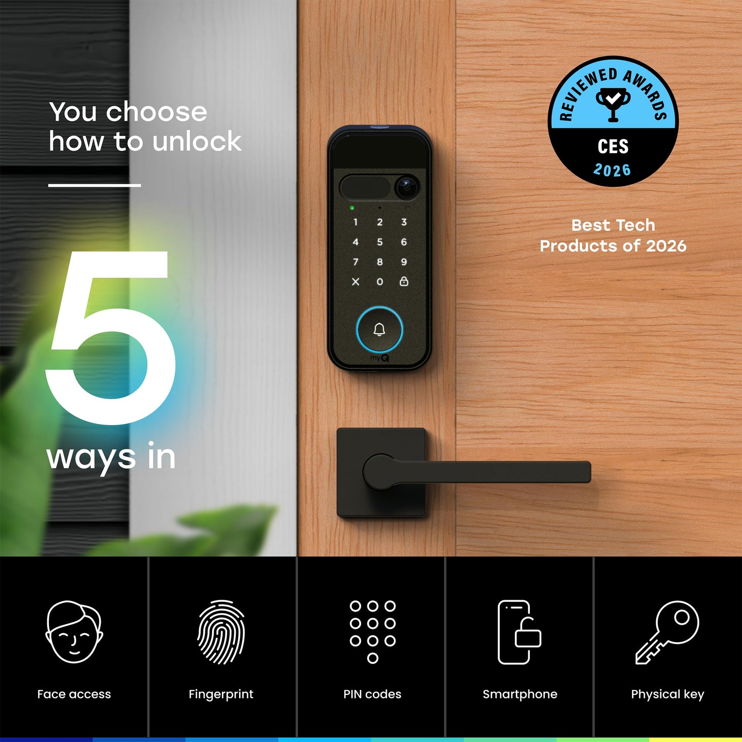 myQ Secure View™ 3-in-1 Smart Lock Deadbolt + myQ Chime + Extra Battery, Keyless Entry Lock, 2K HDR Doorbell Camera, Face, Fingerprint & PIN Access, App Control, Color Night Vision & Two-Way Audio