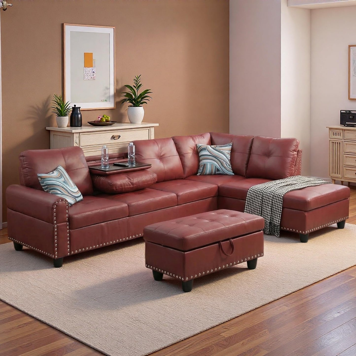 Topcomfy Red Sectional Couches for Living Room with Movable Chaise & Storage Ottoman - 97.5" Leather L Shaped Couches for Living Room Apartment, Home Modular Sectional Sofas with Cup Holder