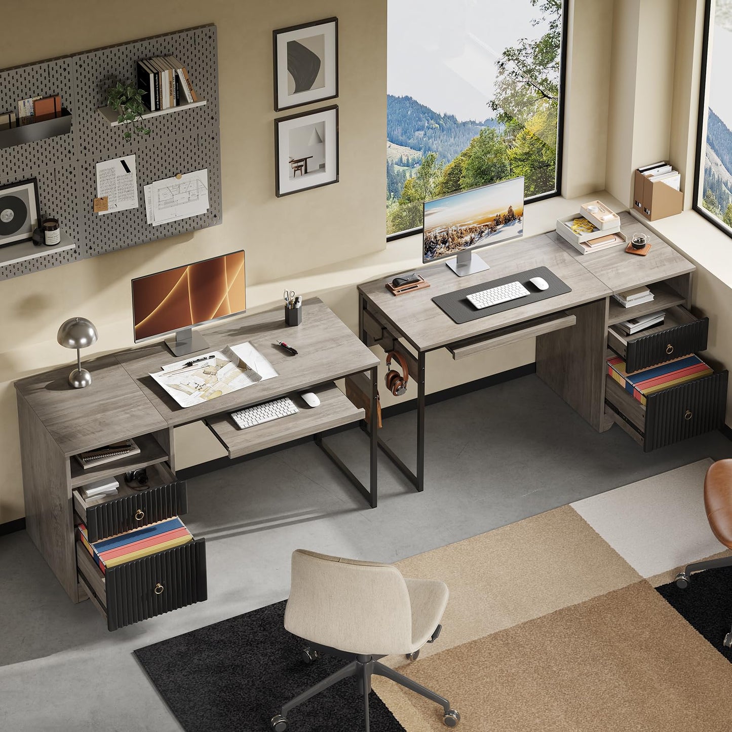 Bestier 55 Inch Computer Desk with Keyboard Tray, Modern Office Desk with Storage, Wood Writing Desk with File Drawer, Fluted Panel & 2 Hooks for Home Office & Studio, Grey