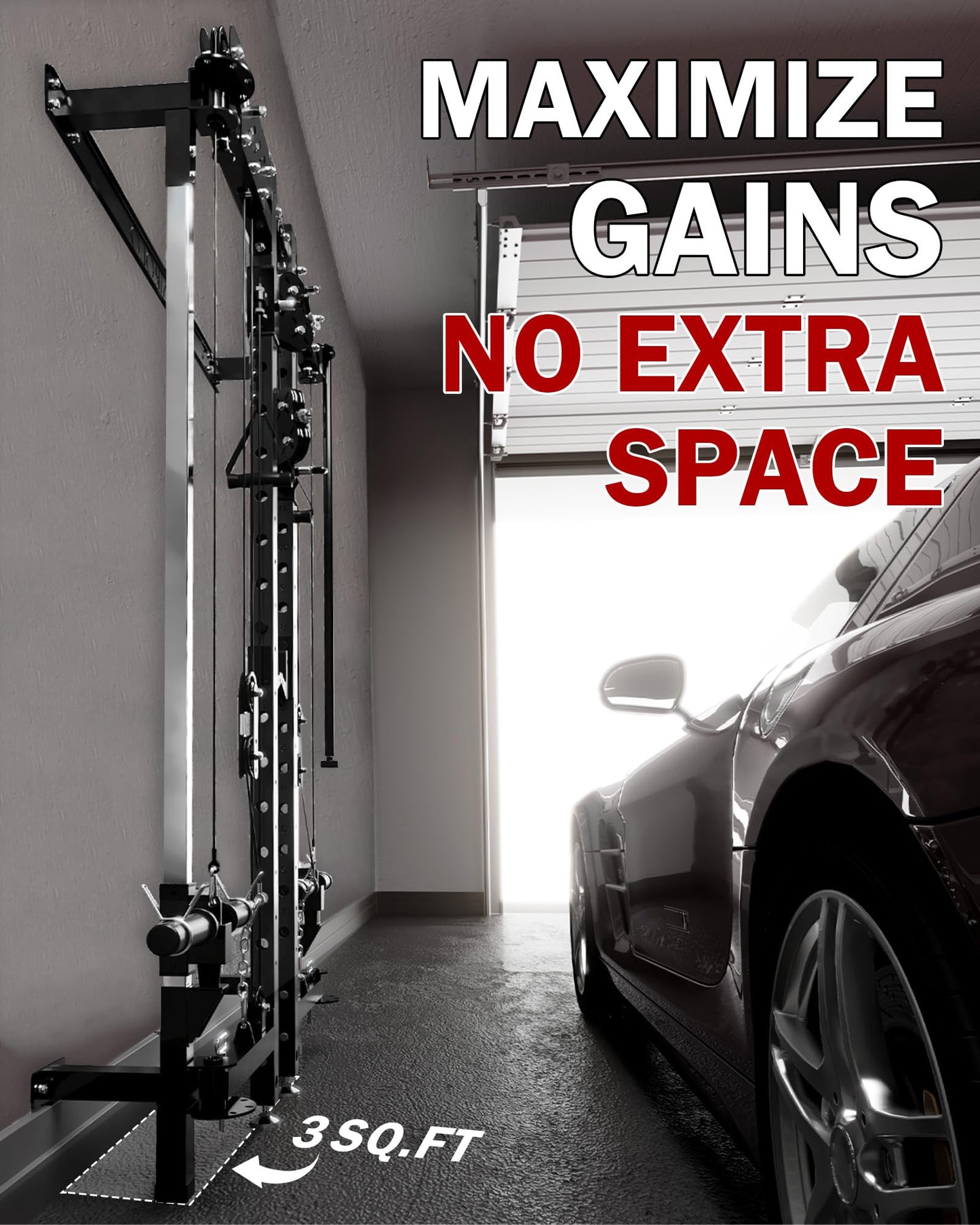 Mikolo Folding Squat Rack, Wall Mounted Power Rack with Cable Crossover Machine & LAT Pull Down, Functional Trainer with 5 Adjustable Function Modes, for Home Gym and Space Saving(Black)