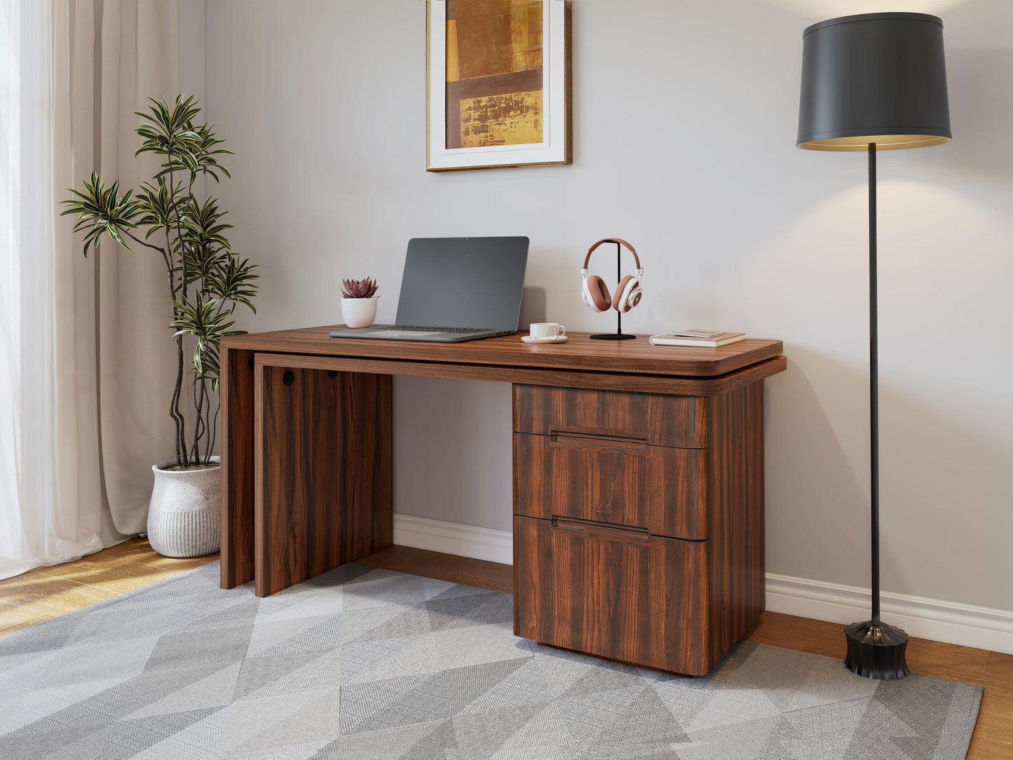 RHHVVR Fluted Computer PC Desk Table with 3 Drawers, L Shaped Corner Desk with Storage, 360° Wood Rotating Home Office Desk for Bedroom, Executive, Study Work, Walnut