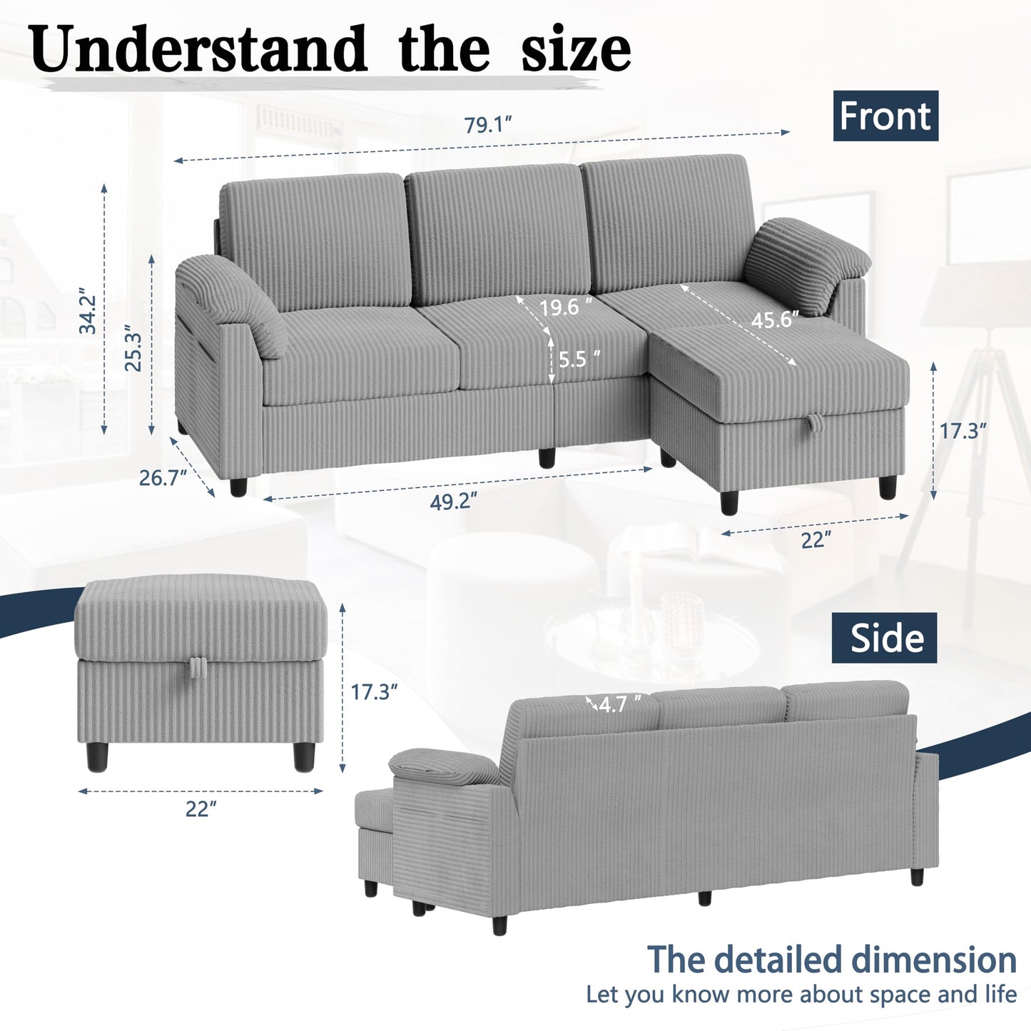 Meilocar Sectional Sofa Couch for Living Room, 79" Sectional Couches with Storage Ottoman, L Shaped Couch with Sloping Armrests, 3-Seat Sofa Couches for Small Space, Light Grey