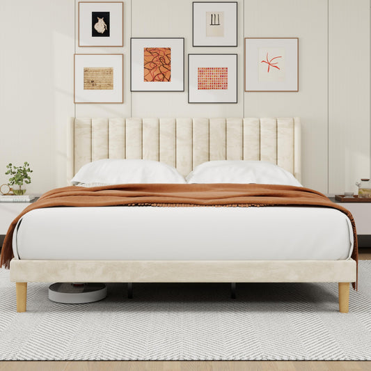 alazyhome Platform Bed Frame King Size with Upholstered Headboard, Solid Wood Slats Support, No Box Spring Needed, Noise Free, Easy Assembly, Modern Velvet Bed, Beige