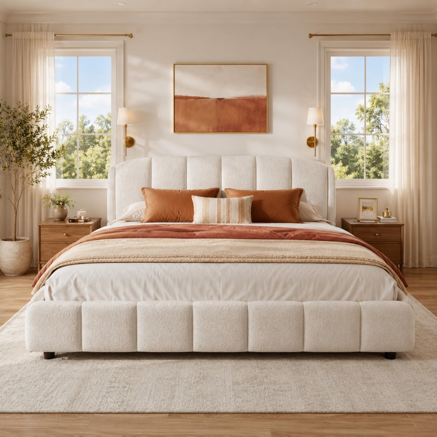 Merax King Size Boucle Upholstered Platform Bed Frame, Curve-Shaped Rounded Headboard, Box Spring Not Required, Soft Plush Fabric Bed for Master Bedroom, Guest Room, Beige