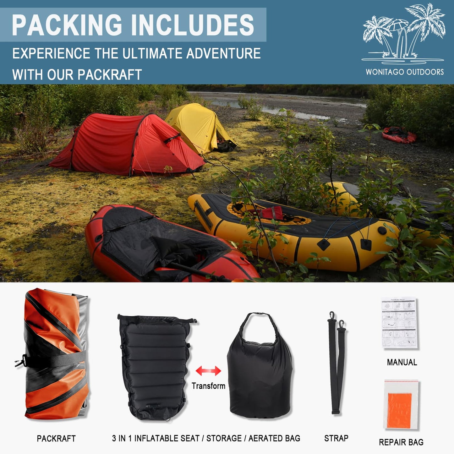 WONITAGO Packraft TPU Inflatable Travel Kayak with Soft Seat Lightweight Packrafts for Flat Water Rafting/Bicycle Drifting/Litewater Dinghy, 1 Person, 6.8Ft, Orange