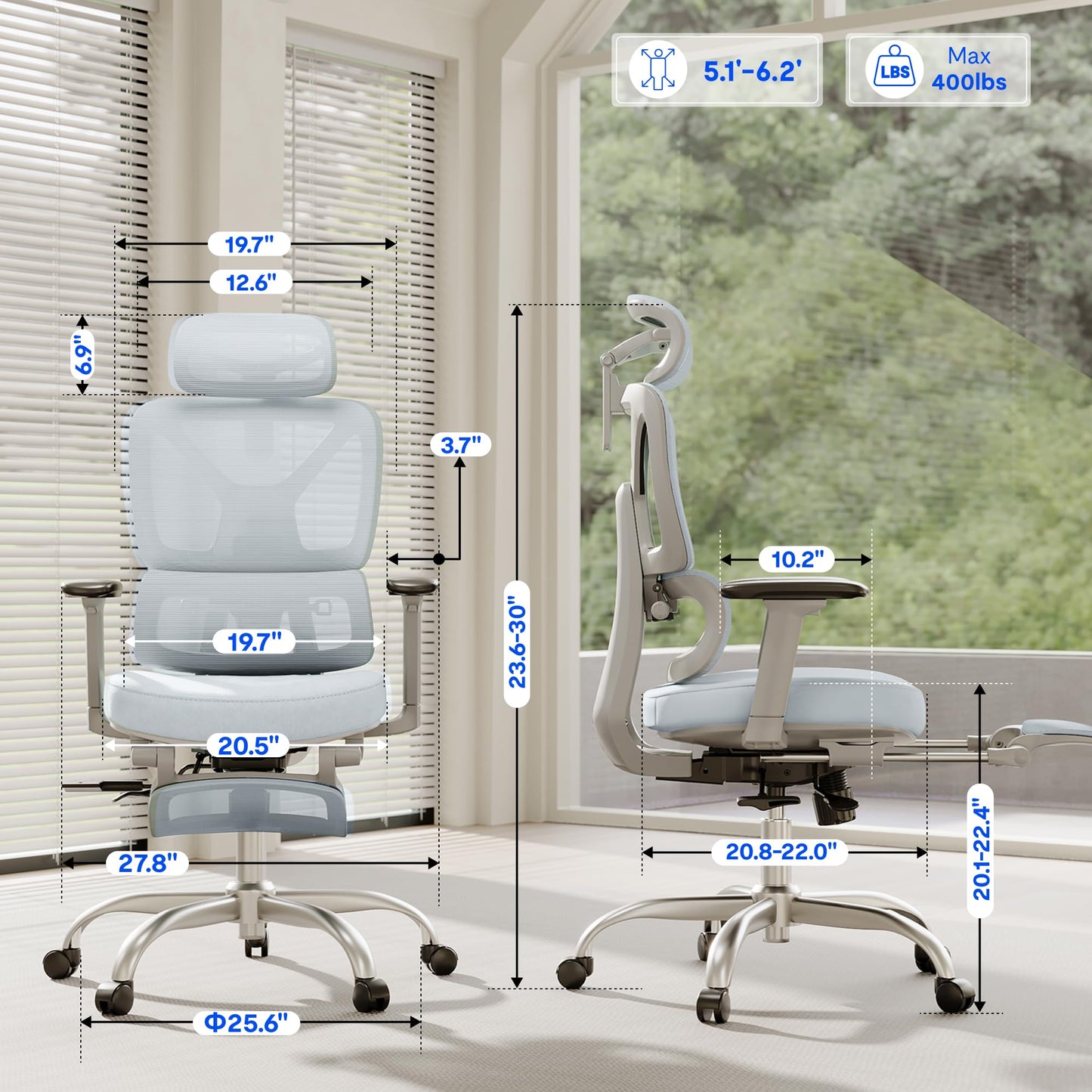 FLEXISPOT ErgoX Premium Ergonomic Office Chair with Footrest- Adjustable 3D Armrests, Dynamic Lumbar Support, Recline & Tilt Function, Mesh Seat, for Home & Office Use,Blue Foam