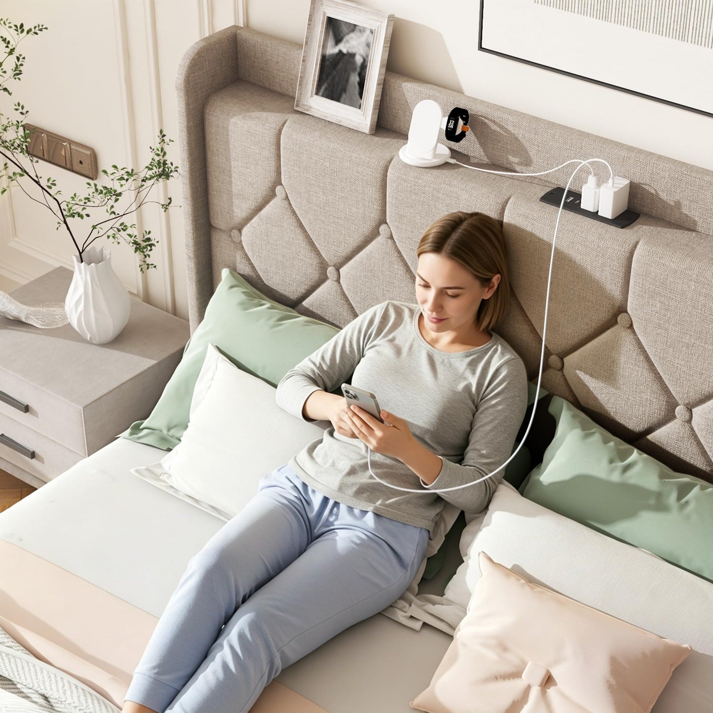 Queen Size Bed Frame with Diamond Tufted Linen Headboard & Storage Charging Port, Upholstered Platform Bed with Wood Slats & Sturdy Metal Frames, Noise-Free, No Box Spring Needed, Easy Assembly, Beige