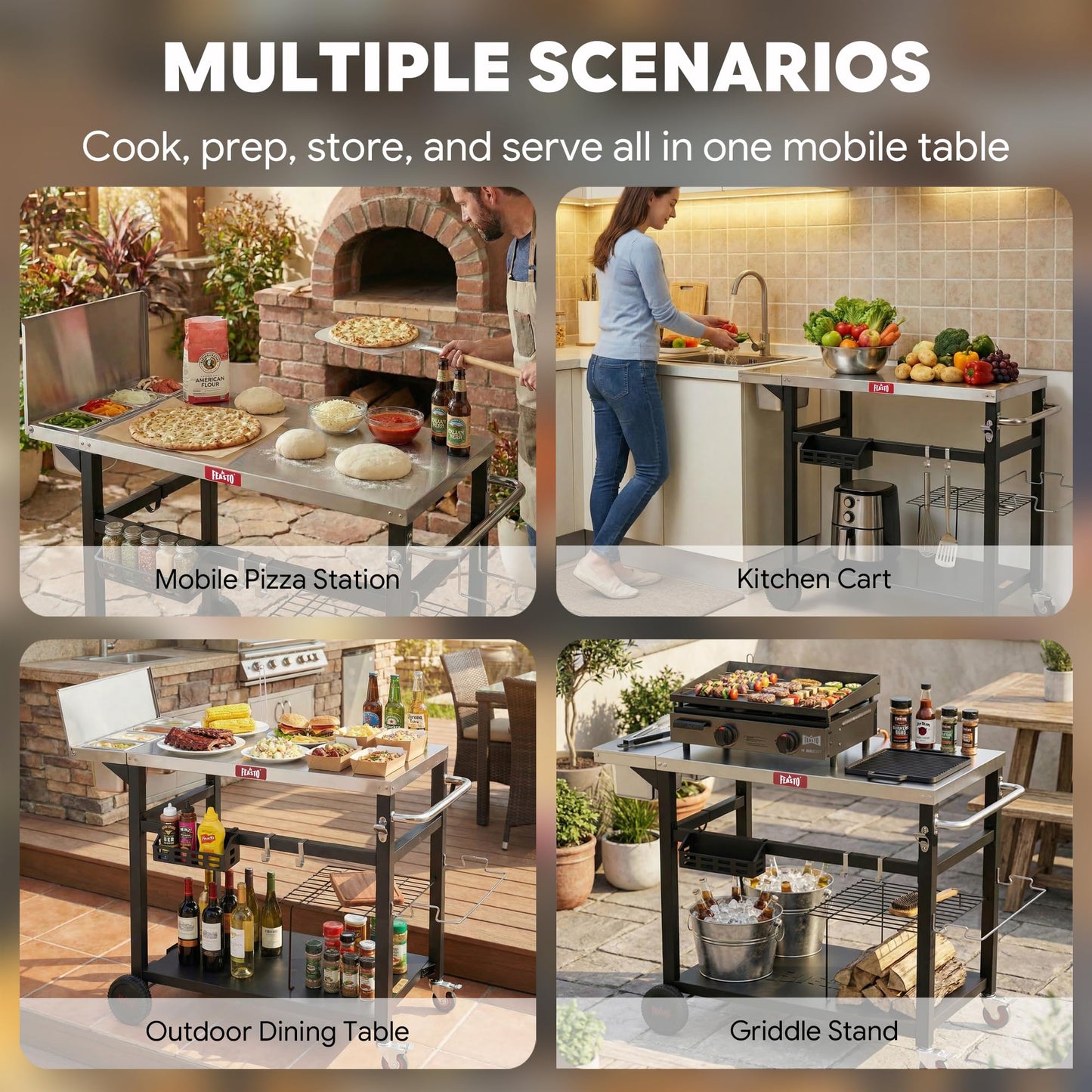 Feasto Outdoor Prep Table with One-Piece Integrated Topping Station, Food-Grade Stainless Steel Tabletop, Pizza Oven Table with Lockable Wheels for Backyard BBQ & Party