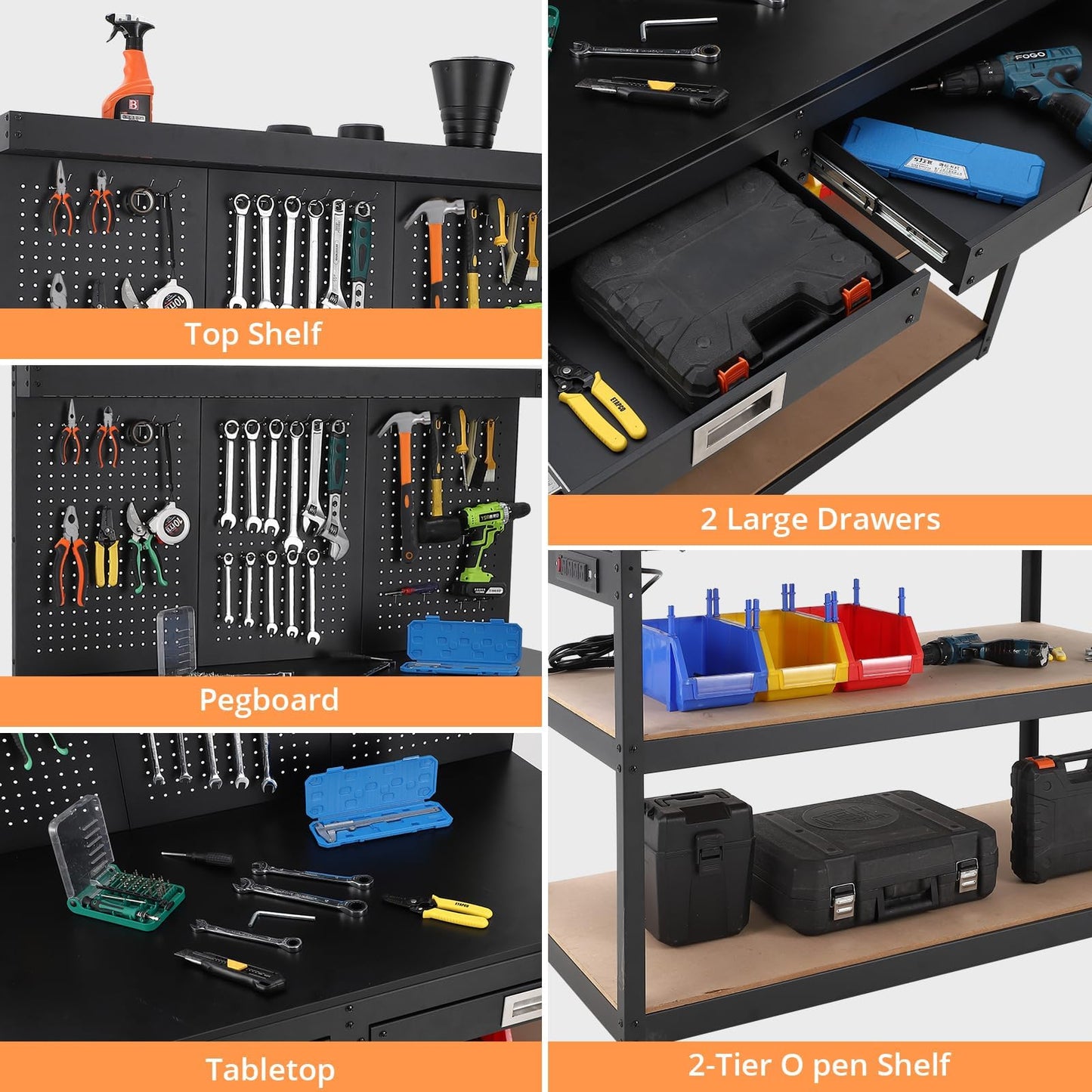 48 in Workbench, Metal Tool Storage Bench with Pegboard with 3 Drawers & Back, Under Shelf, Power Outlet, Hanging Accessories, Topping Space, Multifunctional Work Table for Garage, Workshop, Basement