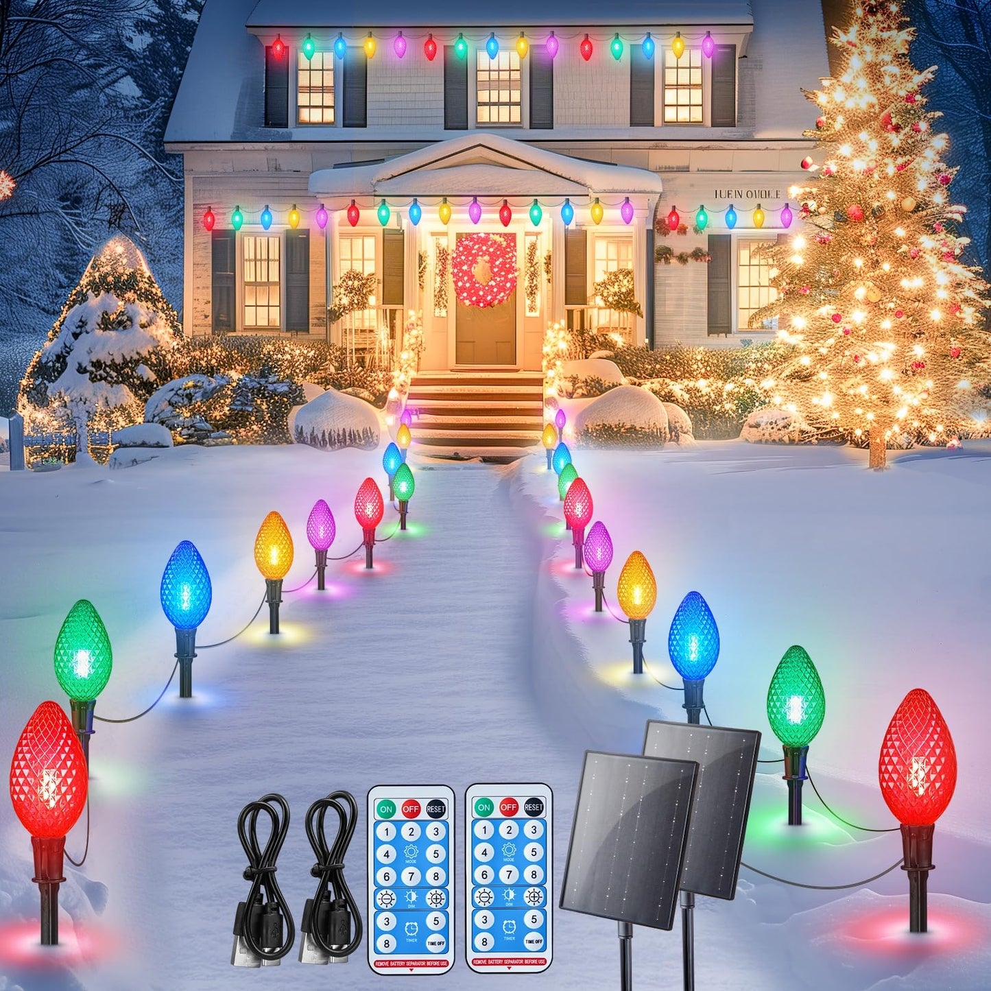 Minetom Solar Christmas Pathway Lights - 32FT 20 LED, 2 Pack, Multicolor Strawberry, Polycarbonate, 8 Modes with Timer