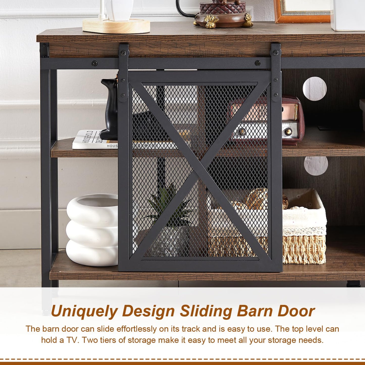 HOMISSUE Corner TV Stand for 55 Inch TV, Rustic Corner Entertainment Center with Storage, Industrial Media Console Table with Sliding Barn Door, Entertainment Center for Living Room, Brown