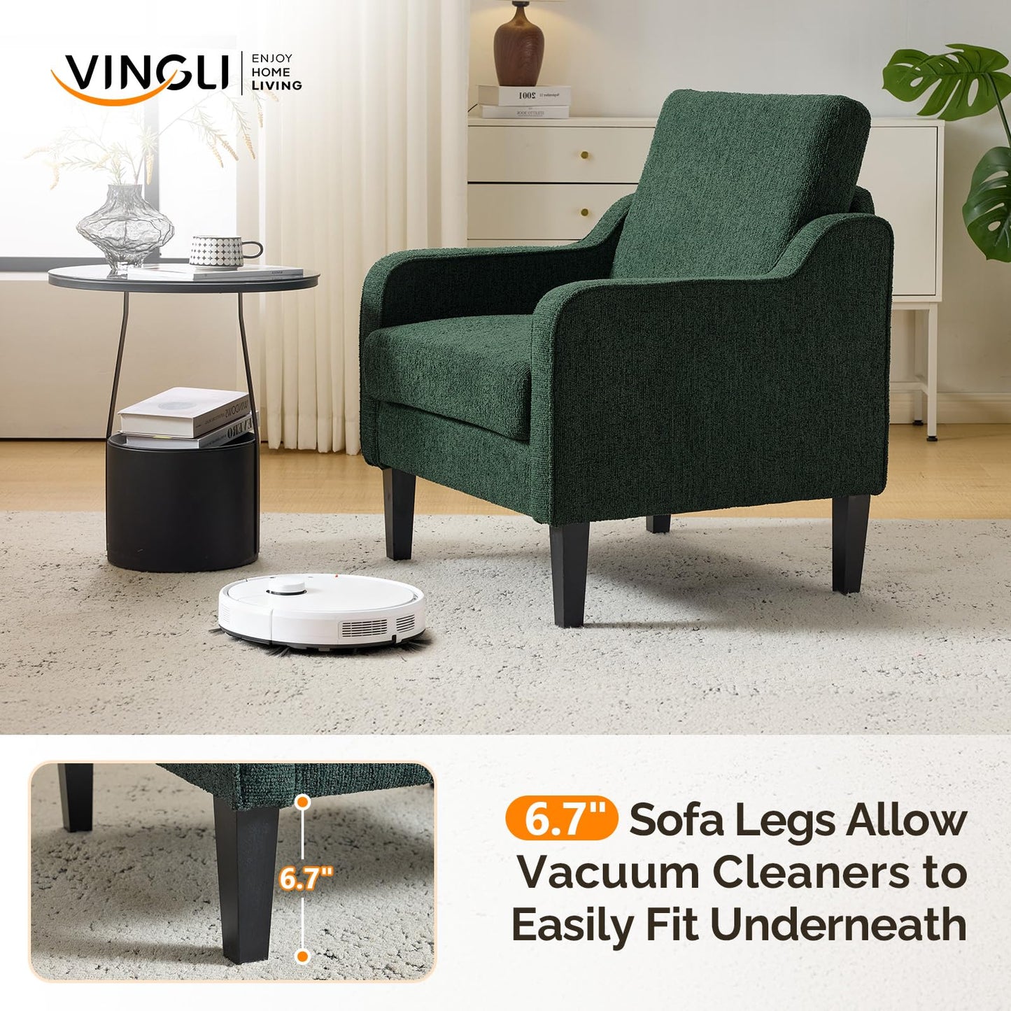 VINGLI Accent Chair for Living Room Chairs Reading Chair for Bedroom Chair Scooped Arm Chair Mid Century Modern Accent Chairs Upholstered Comfy Chair for Apartment, Waiting Room (1, Dark Green)