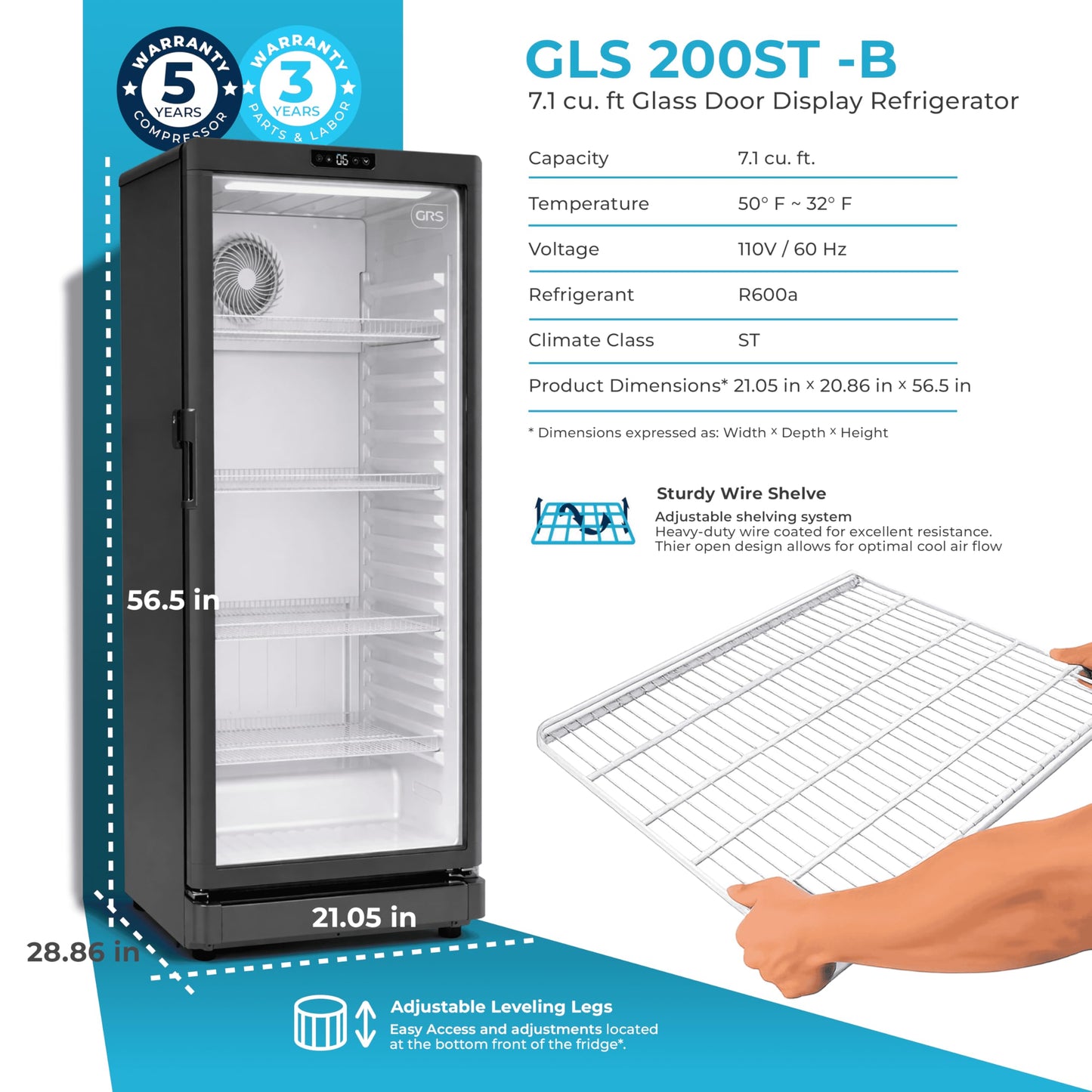 GRS Commercial Display Refrigerator with Glass Door Lock | Cool Air Flow & Temperature | Beverage fridge, Drink and Wine Cooler with Adjustable Display Shelf for Stores and Bars | Black, 7.1 Cu. Ft