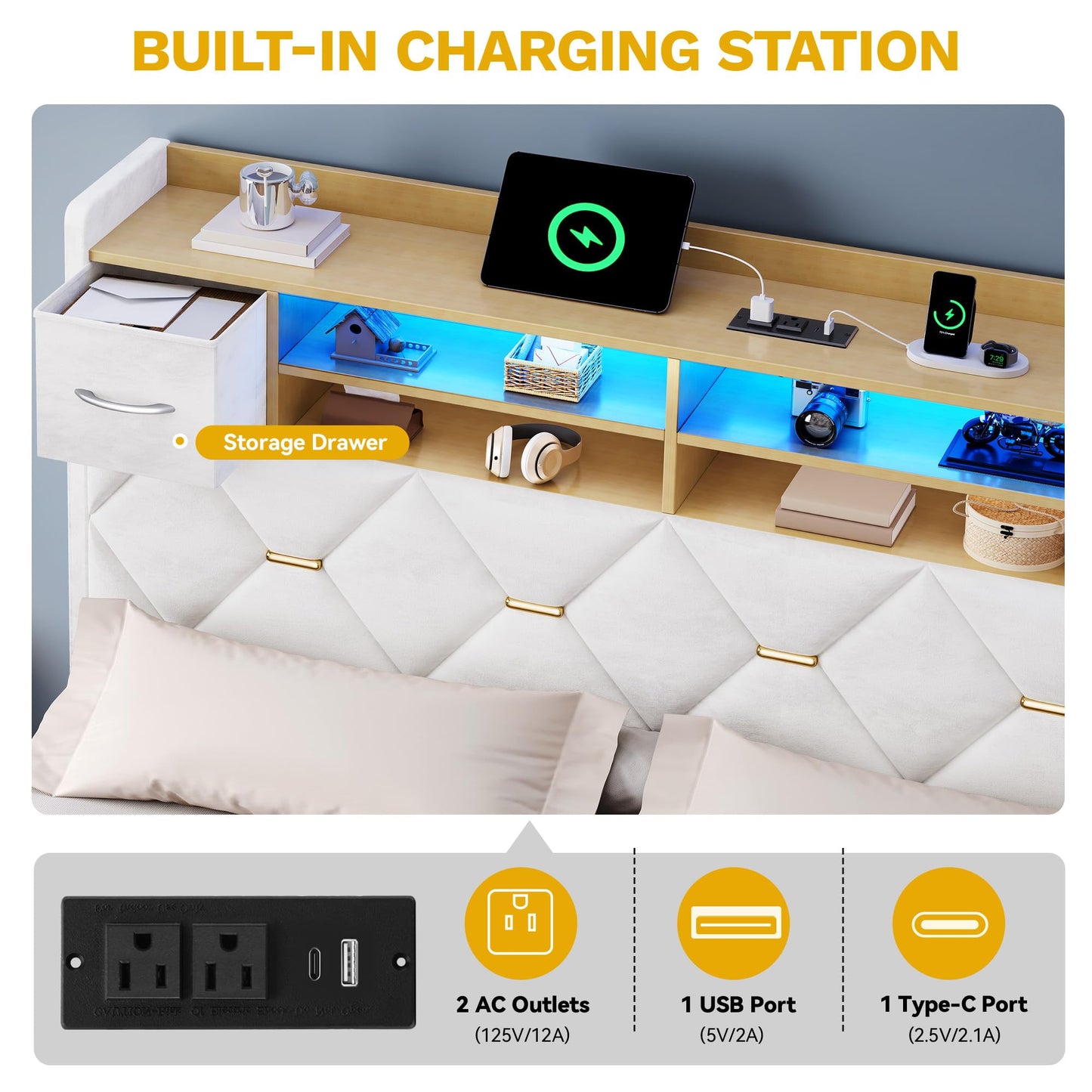 DWVO Full Size Bed Frame with 2 Storage Drawers and Storage Headboard, Upholstered Platform with Charging Station and LED Light, No Box Spring Needed, Noise Free, Easy Assembly, Velvet White