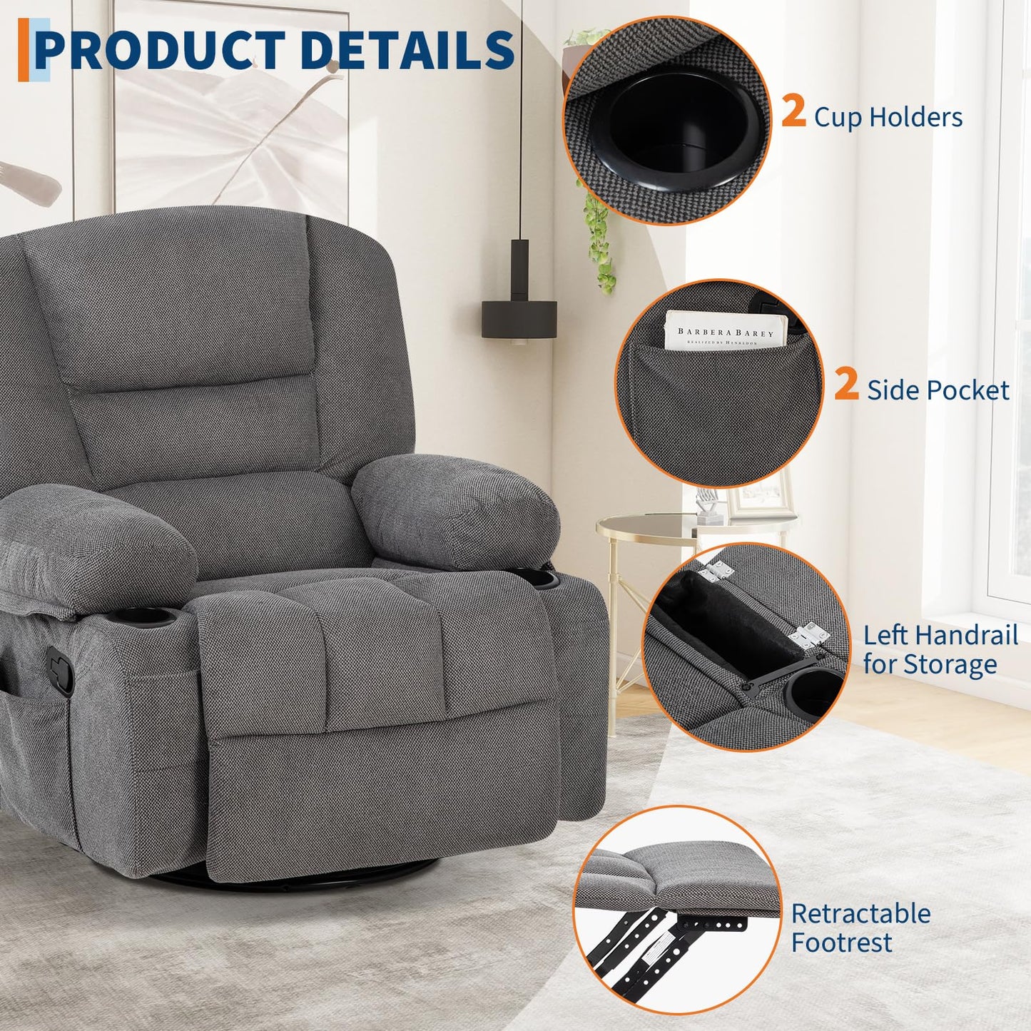 Massage Rocking Recliner Chair with Vibration and Heat, 360° Swivel Chenille Rocker Chairs for Living Room, Home Theater Seating with Cup Holders & Side Pocket for Adults, Living Room, Bedroom, Grey