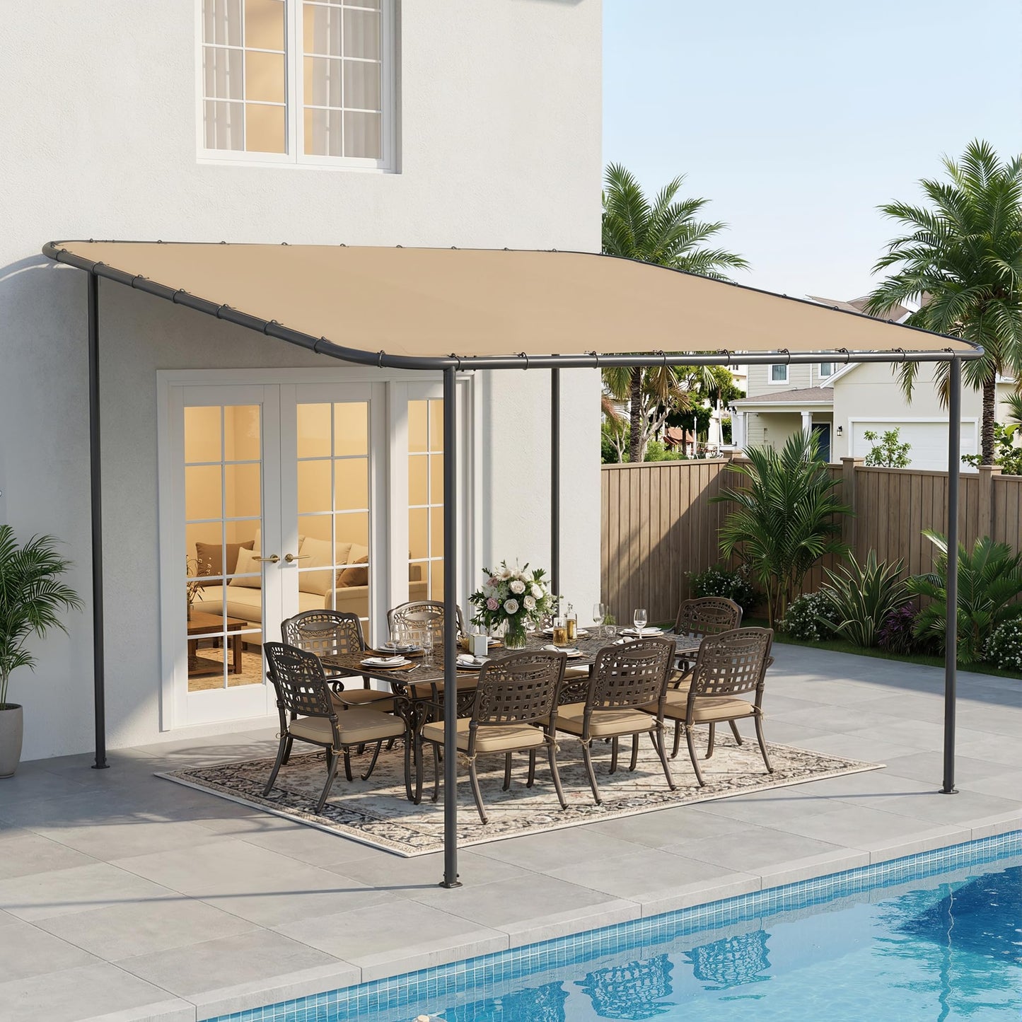 TOBYUL 12'x10' Lean to Gazebo Pergola with 3 Types Ground Nails and Weatherproof Canopy, Large Wall-Mounted Galvanized Steel Frame Shelter, Outdoor Sloped Roof Awning for Patio, Deck, Backyard (Khaki)