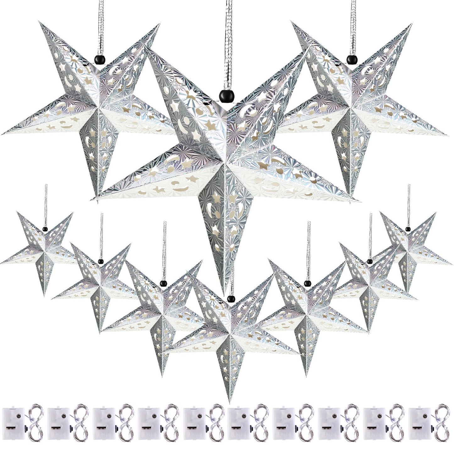 Zhanmai 10 Pcs Christmas Paper Star Lantern Lampshade 3D Hanging Lights with 20 LED, Silver