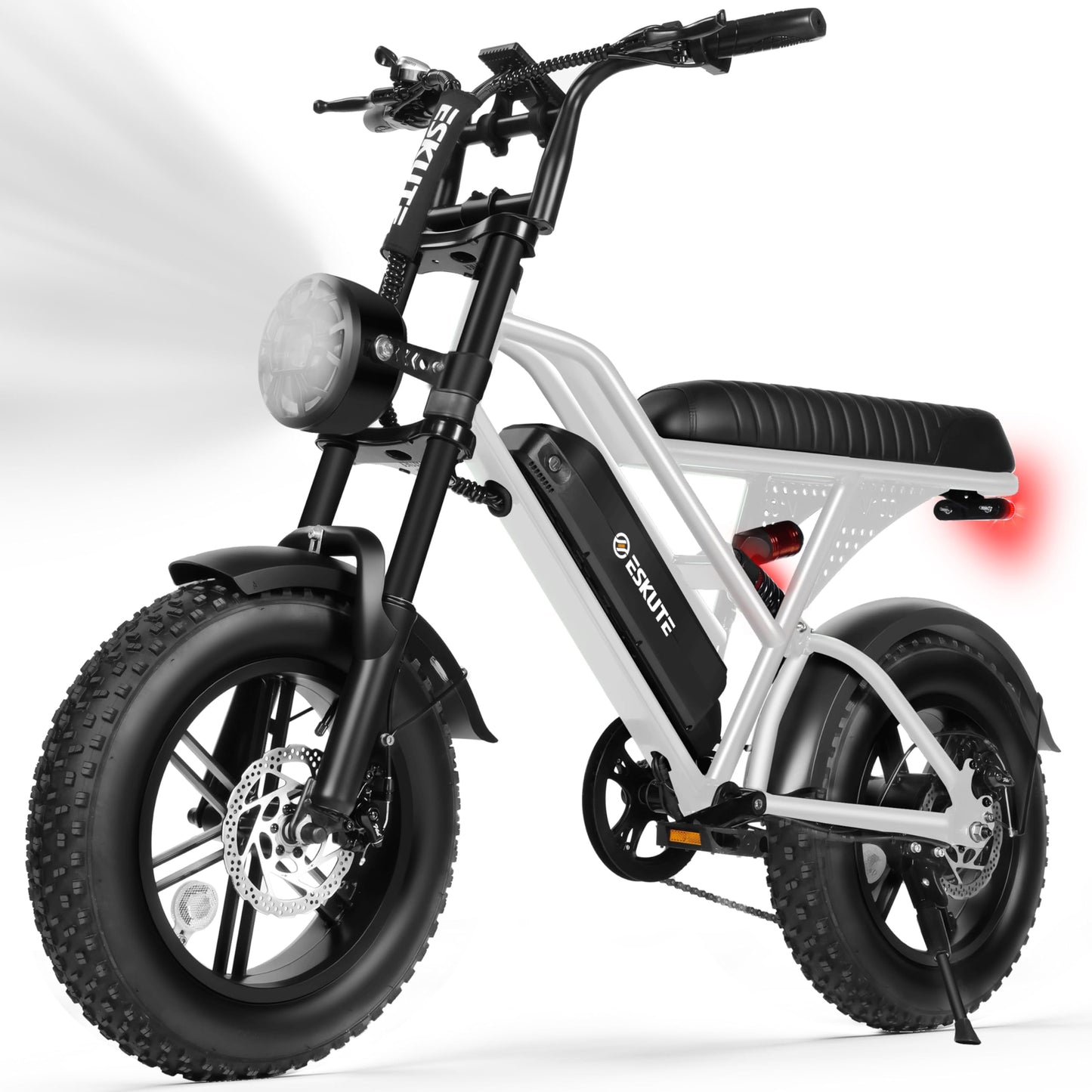ESKUTE V100 Electric Bike for Adults, Electric Dirt Bike 1500W Peak Motor, All Terrain Dual Suspension E Bike 28MPH Top Speed, Ebike Up to 60 Miles Range, 16" Fat Tire, 48V13Ah Battery, 7-Speed,White