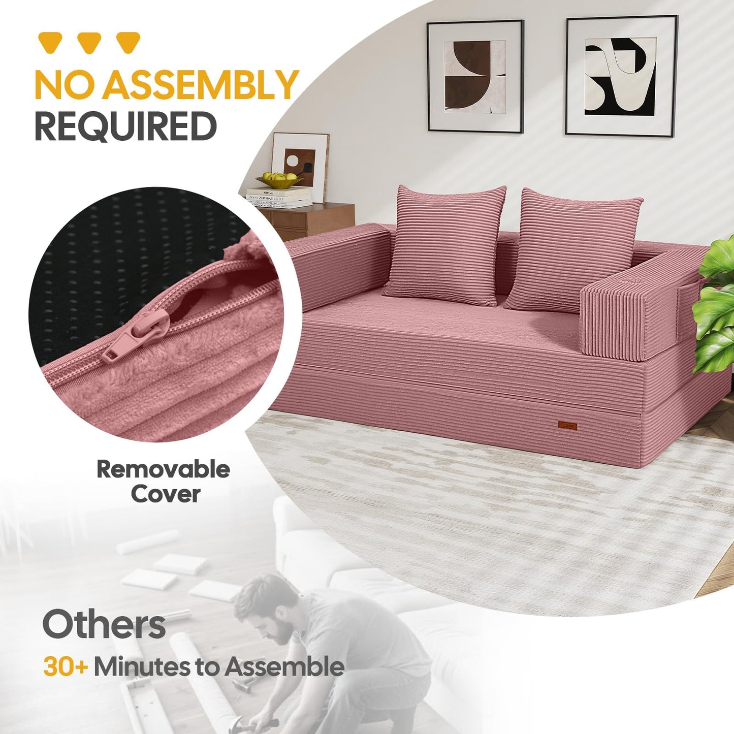 COMAX Futon Sofa Bed, 4‑in‑1 Convertible Sofa Bed, Folding Boneless Couches for Living Room, Fold Out Small Foldable Loveseat Floor Sleeper Comfy Mattress Lounge Space‑Saving, Pink