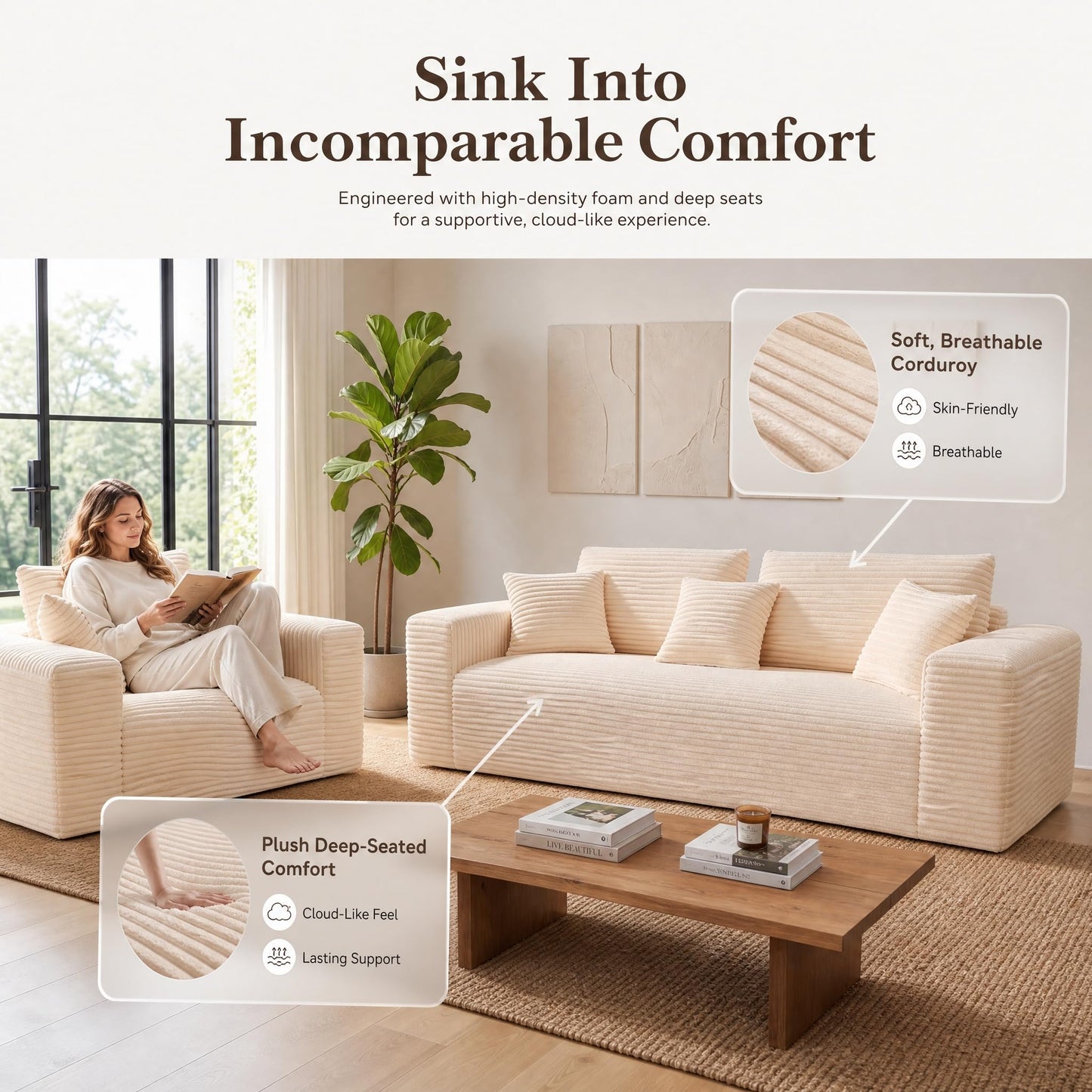 Trygoal 3-Pieces Sectional Boneless Couch Set for Living Room, Oversized Couch Including 3-Seater & 2-Seater & Single Chair, Deep Seat Sofa Set with Armrests & Pillows,No Assembly Required, Beige