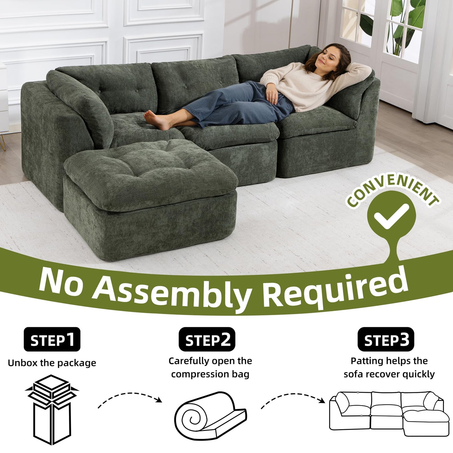 Tufted Cushions Cloud Sectional Boneless Sectional Sofa with Movable Ottoman, 112" Oversized Modular Convertible L Shaped Corner Couch with Deep Seat,Memory Foam Compressed Sofa
